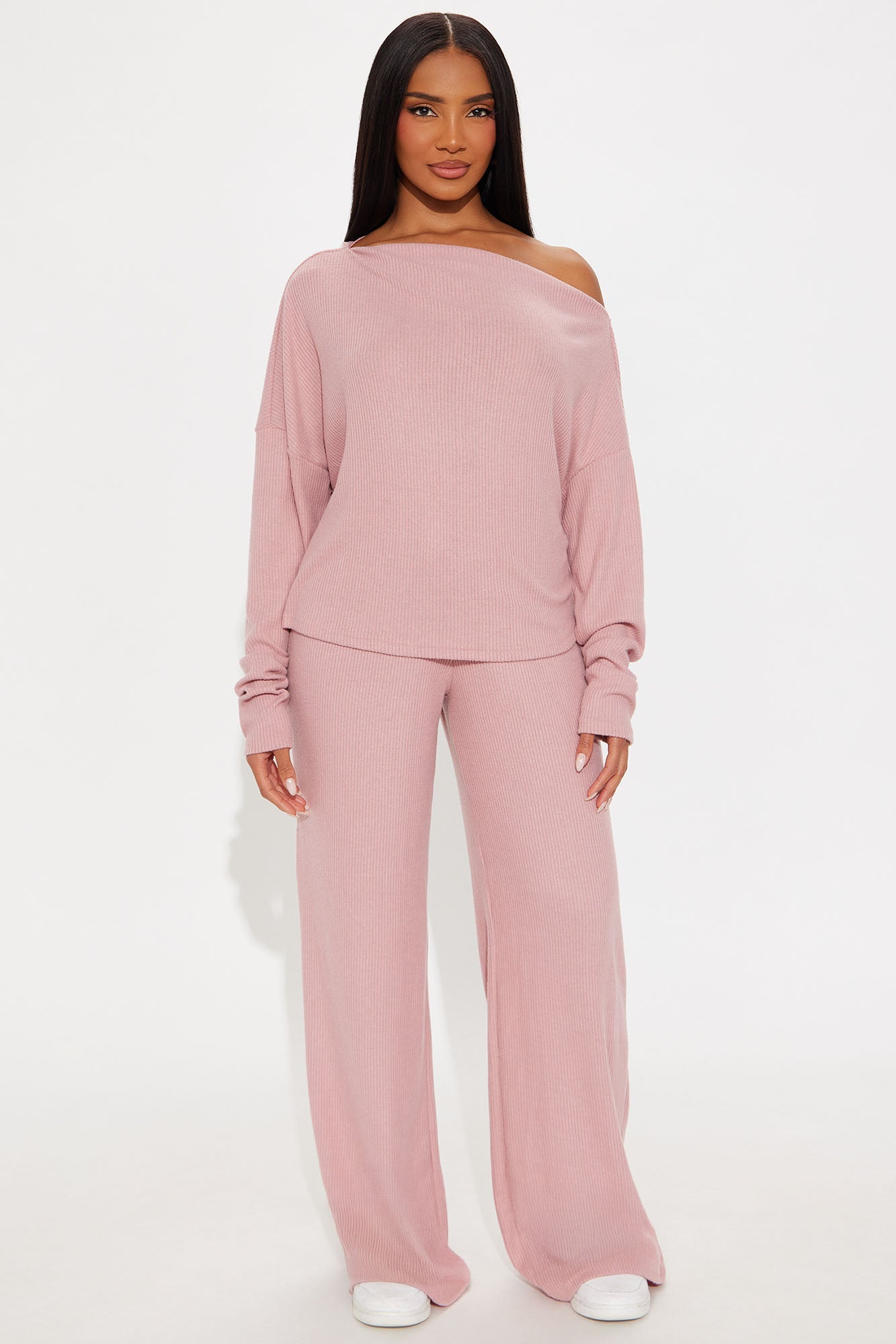Fall Vibes Cozy Off Shoulder Pant Set - Mauve