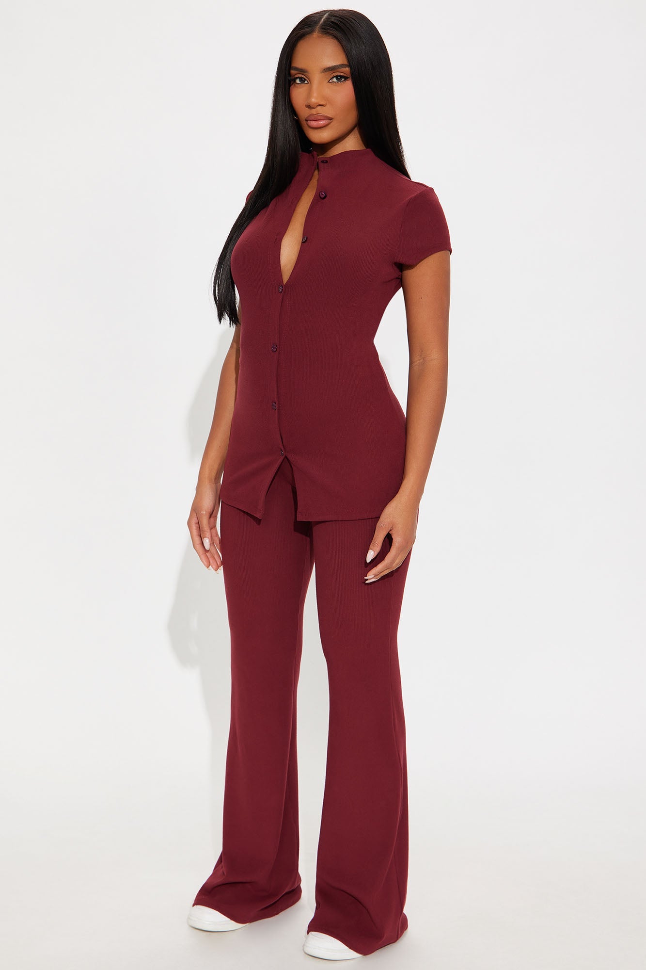 Chloe High Neck Ribbed Flare Pant Set - Wine