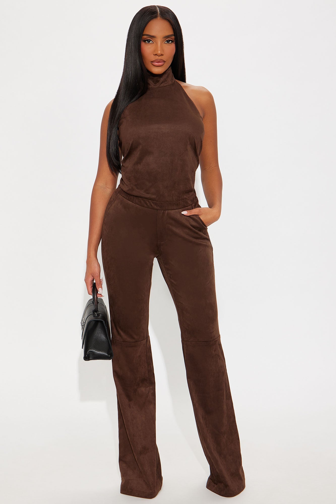 Hailey Halter Faux Suede Pant Set - Chocolate
