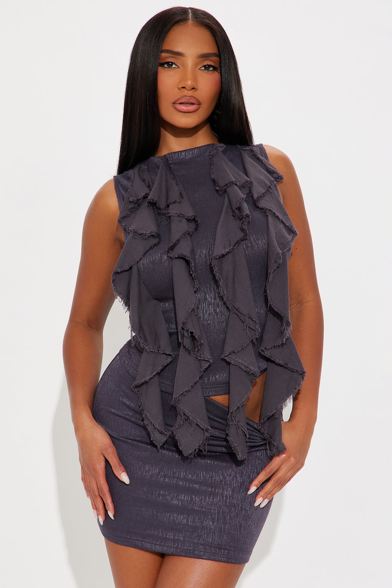 Daphne Ruffle Top Mini Skirt Set - Charcoal