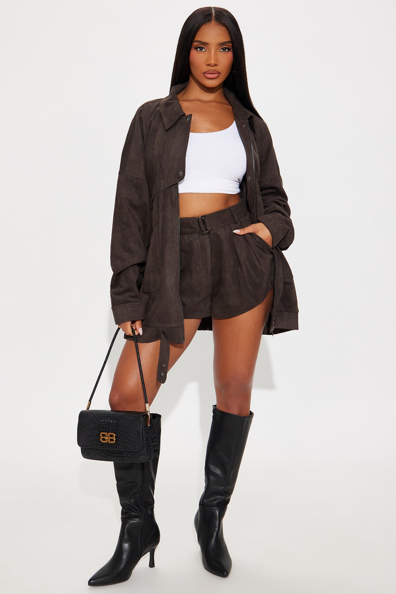 Sonia Faux Suede Jacket Short Set - Dark Olive