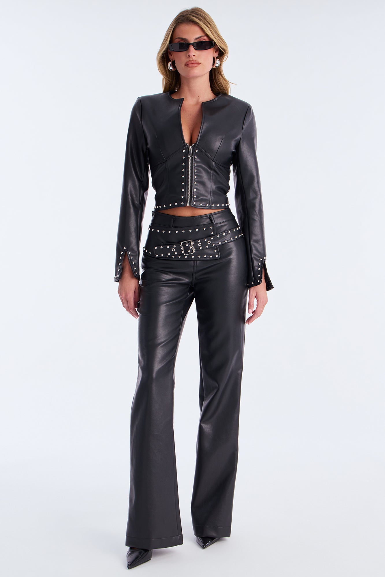 Friend Or Faux Leather Jacket Pant Set - Black