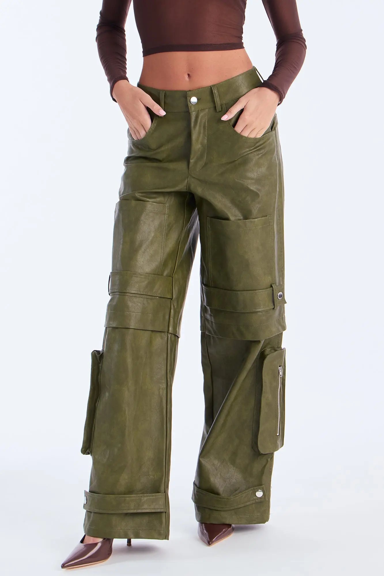 Street Heat Washed Faux Leather Cargo Pant - Military Green