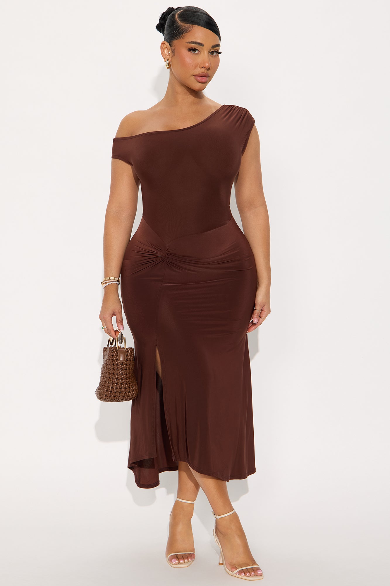 Azari One Shoulder Midi Dress - Brown