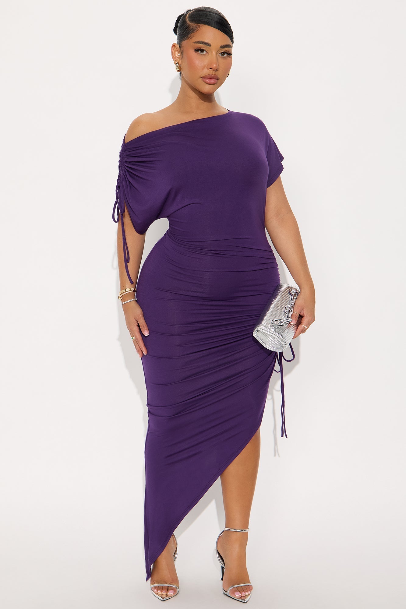Kimberly Ruched Short Sleeve Dress - Eggplant
