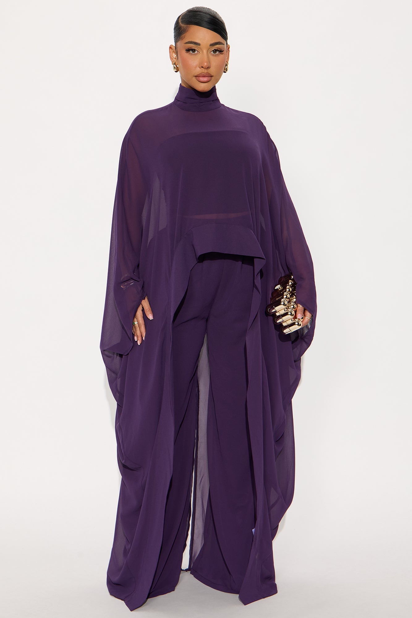 Sheer Moment Draped Pant Set - Eggplant