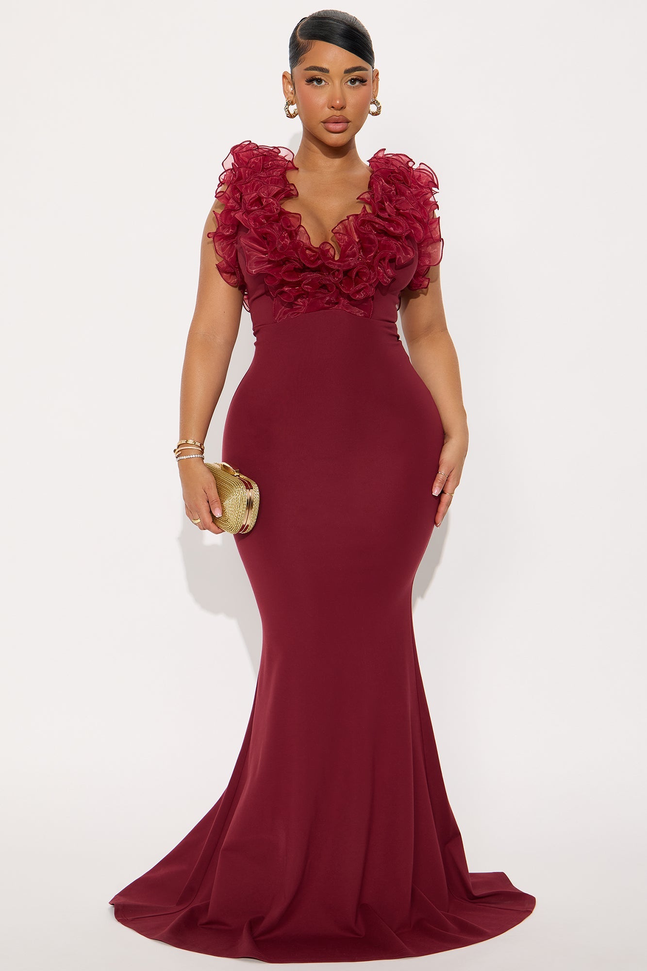 Like To Show Ruffle Maxi Gown - Burgundy