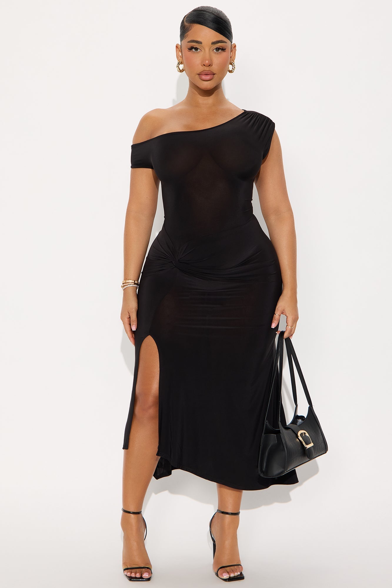 Azari One Shoulder Midi Dress - Black