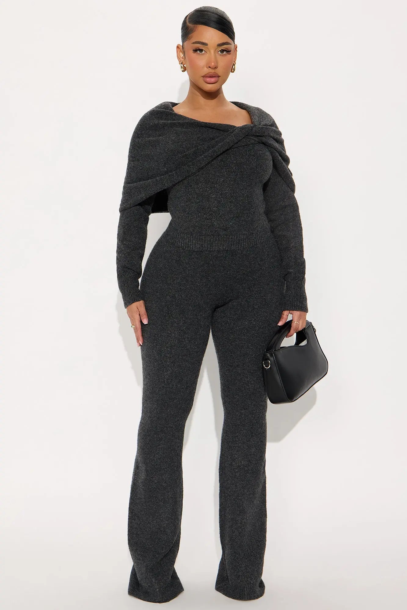 Carolina Off Shoulder Sweater Pant Set - Charcoal