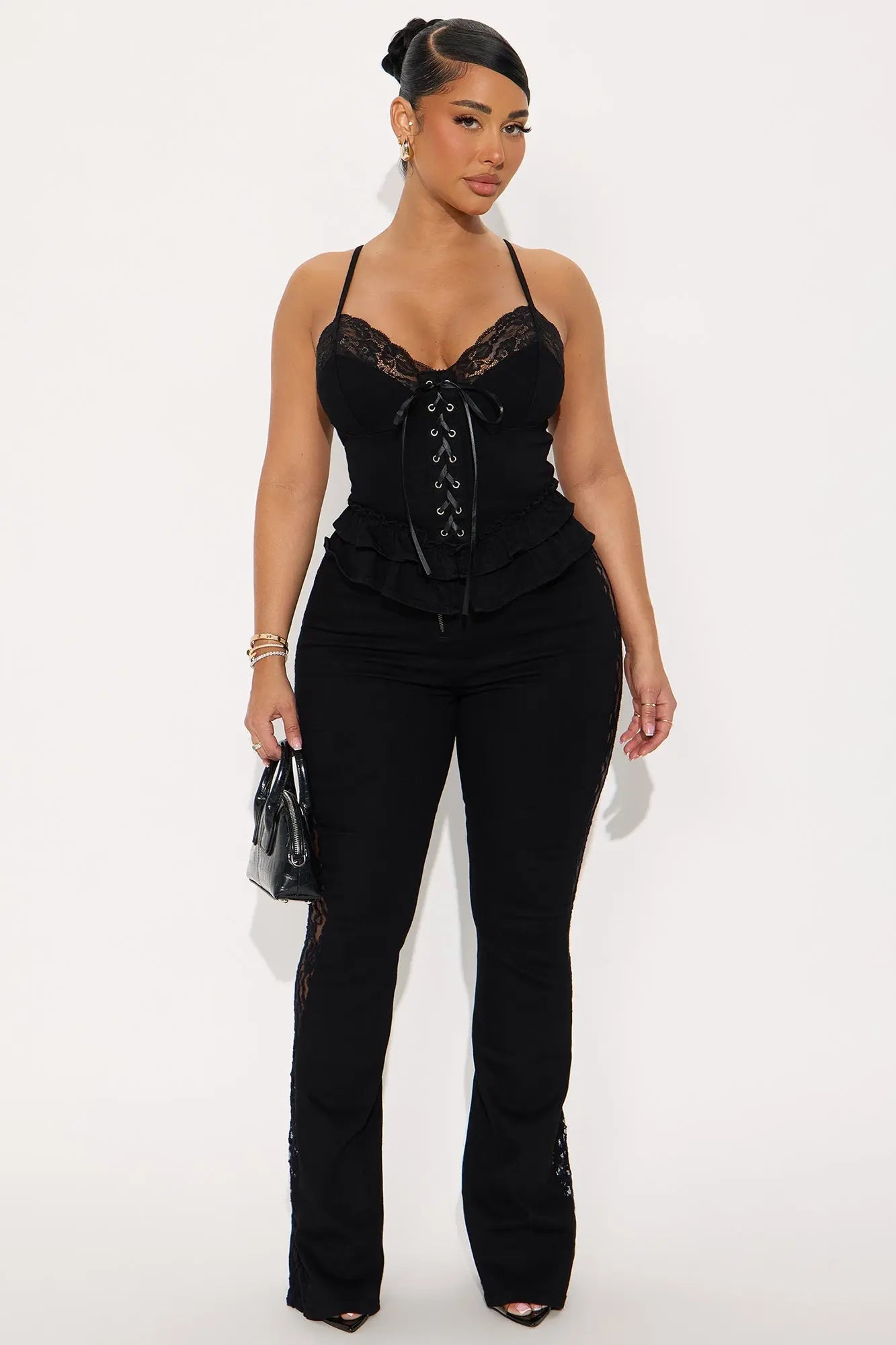Lace Me Down Pant Set - Black