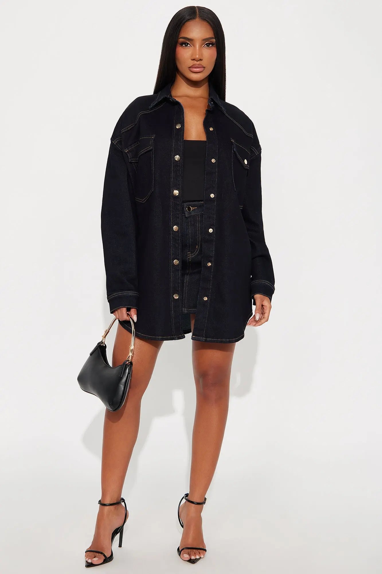 Olivia Oversized Denim Shacket And Mini Skirt Set - Dark Wash