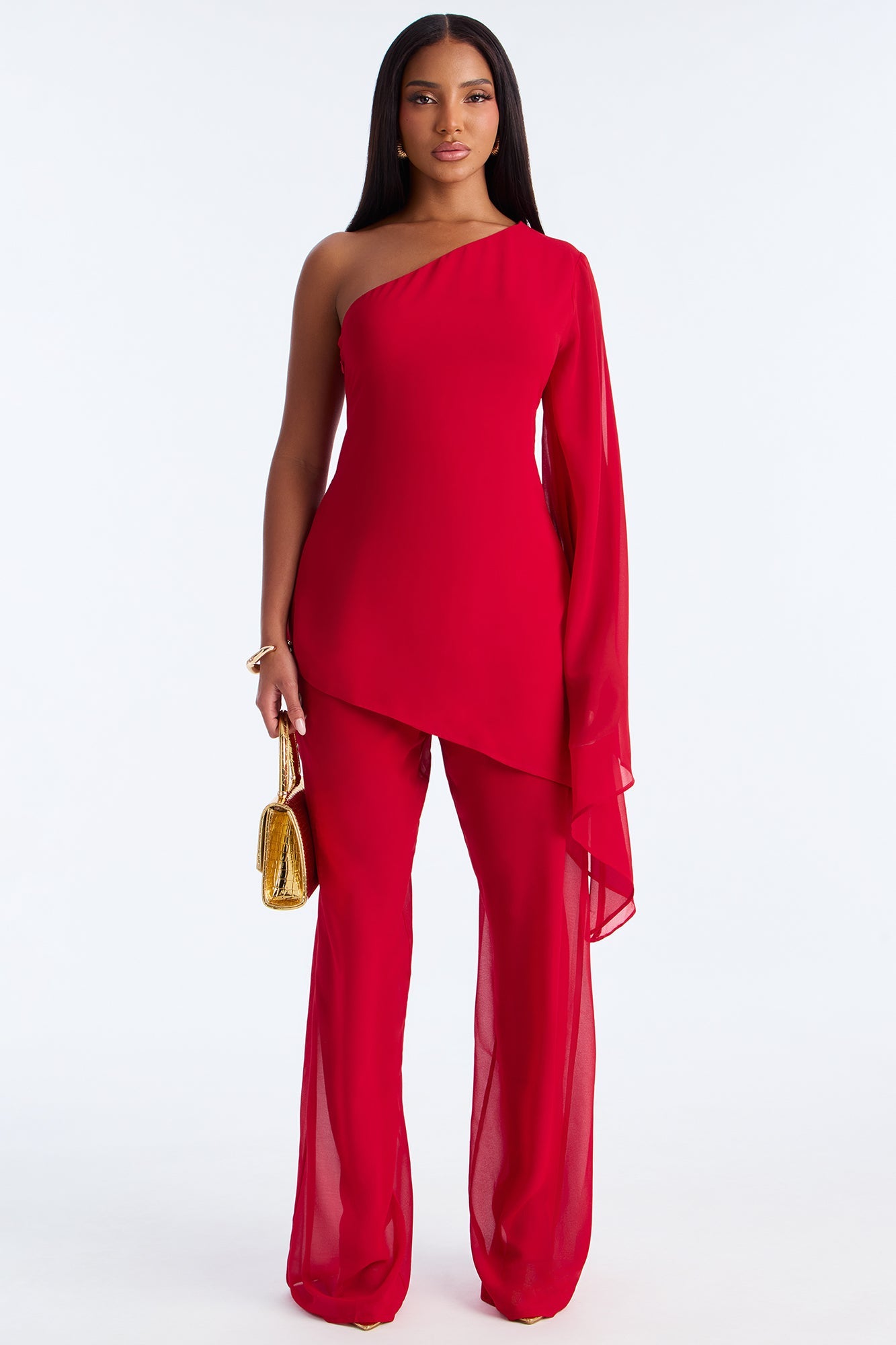 No Hard Feelings One Shoulder Chiffon Pant Set - Red