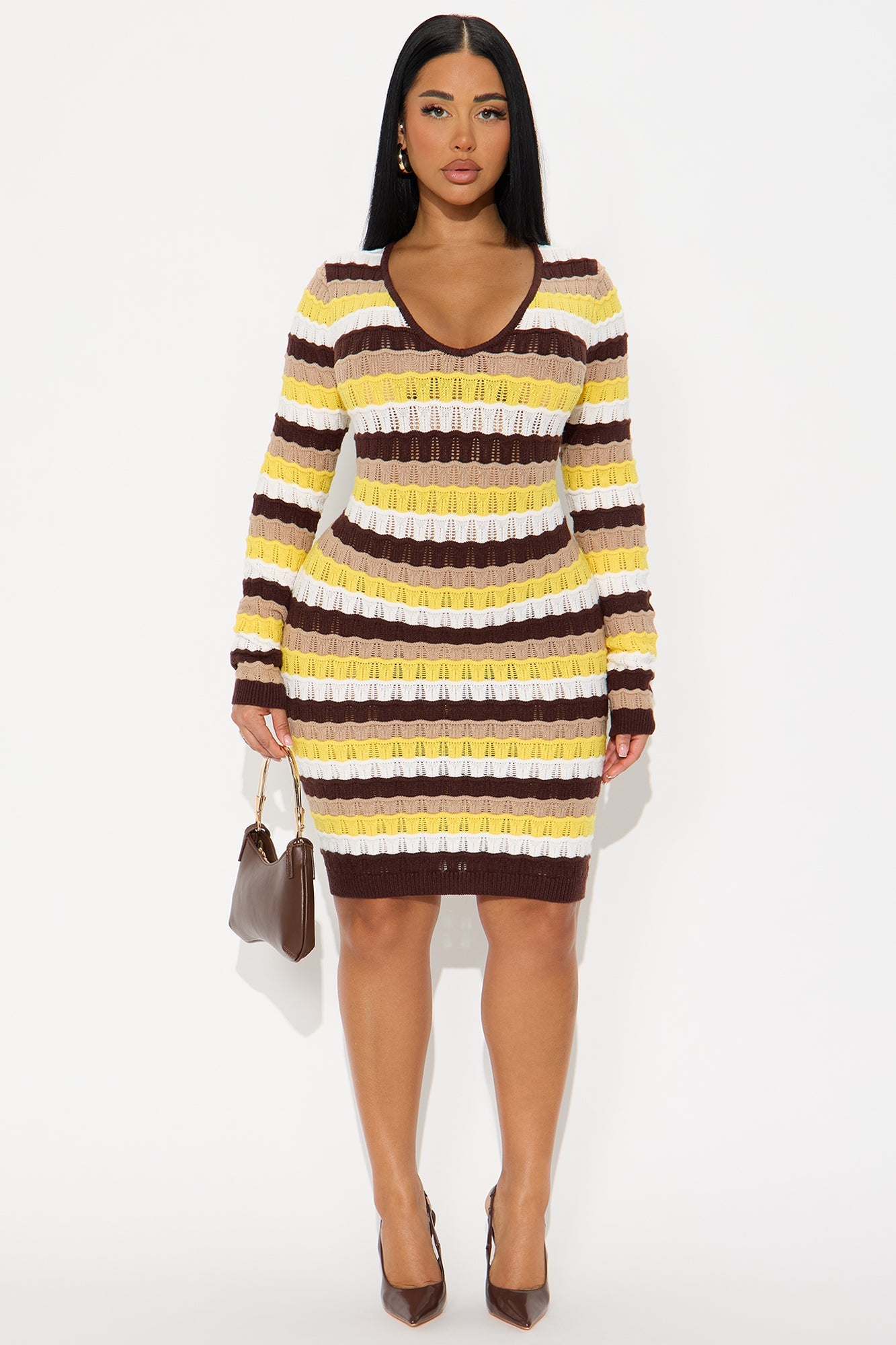 Kalian Striped Mini Sweater Dress - Chocolate/Combo