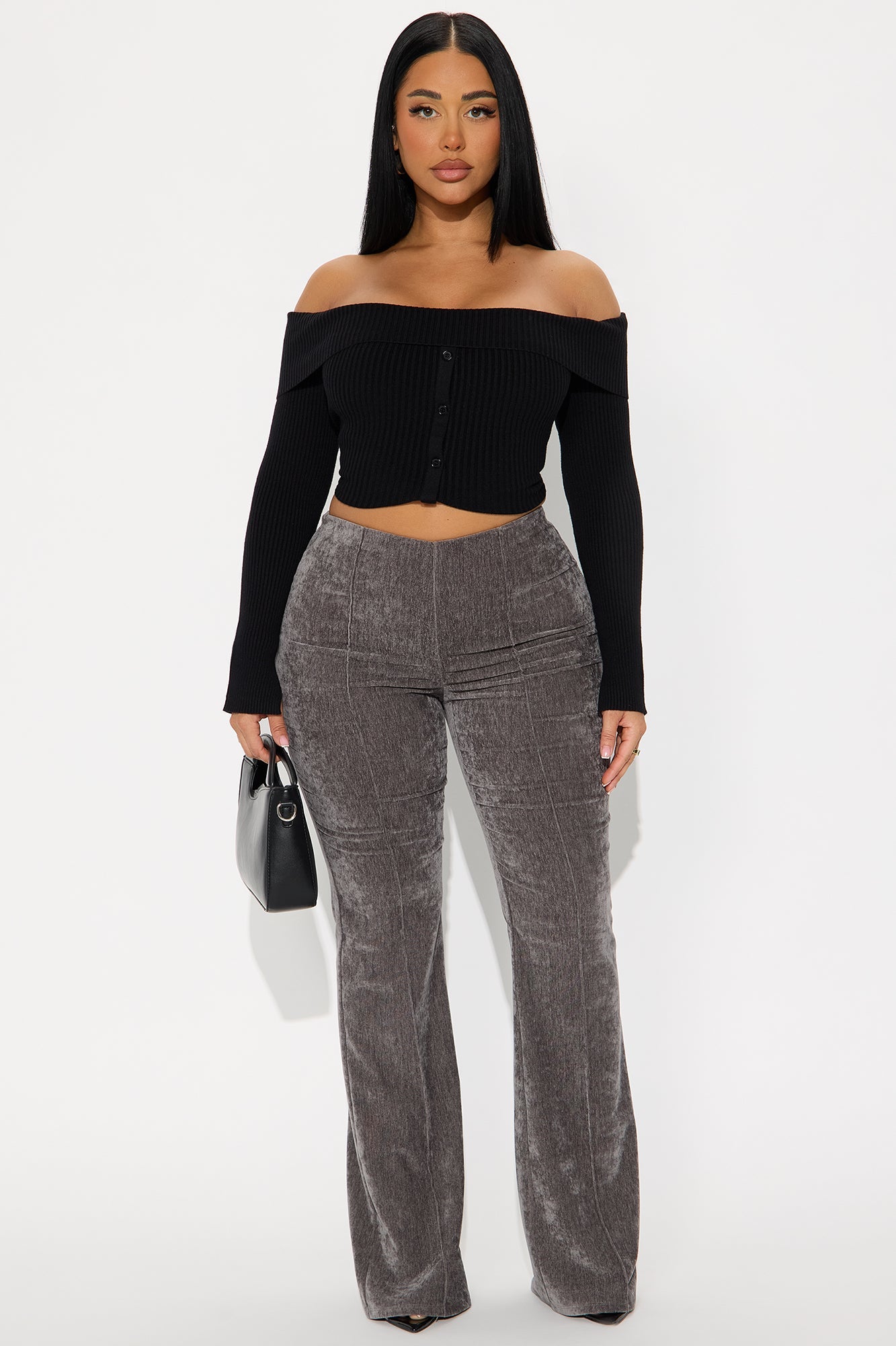 All Gossip High Rise Velvet Wide Leg Pant 33 - Charcoal