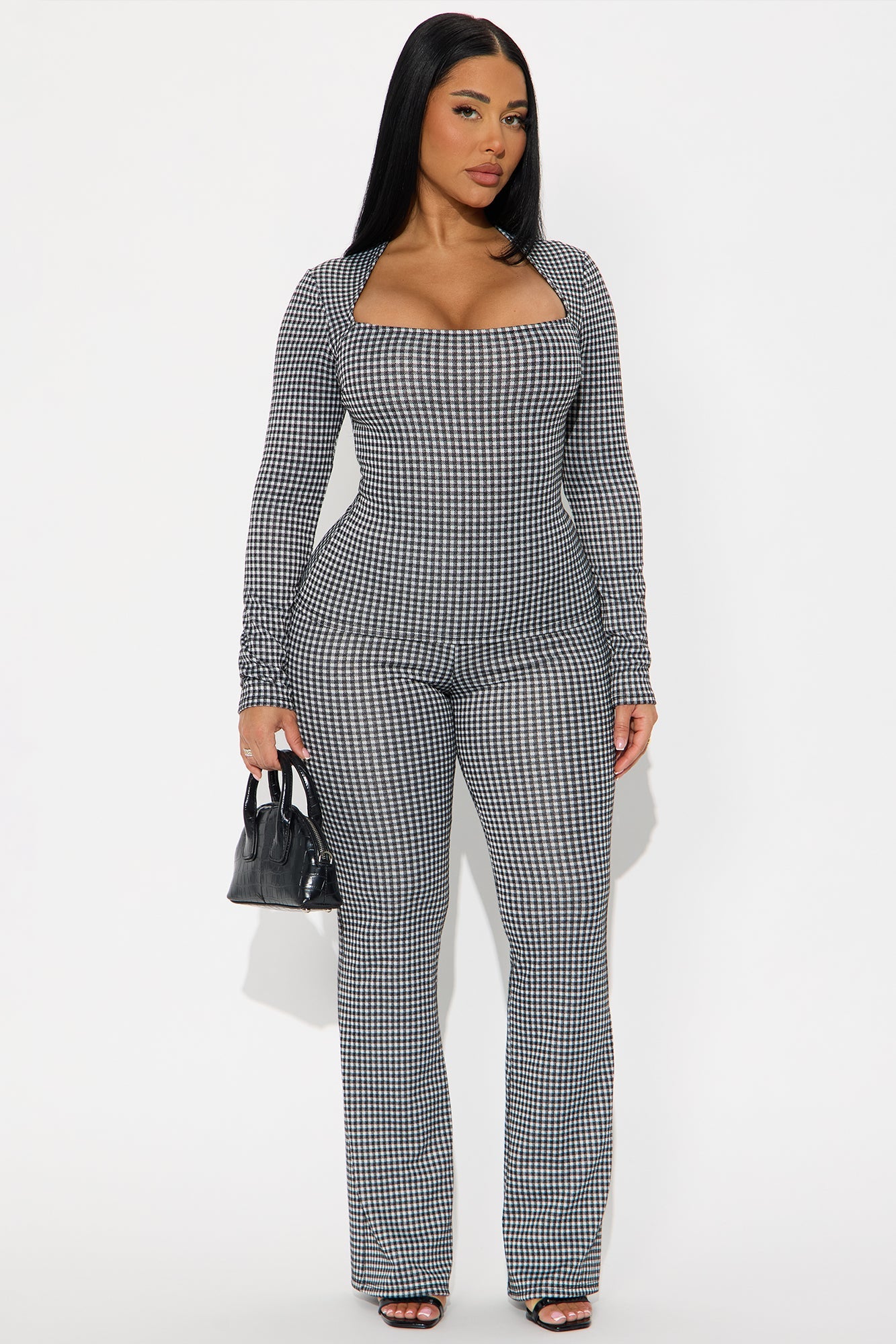 Lizo Square Neck Plaid Pant Set - Black/White