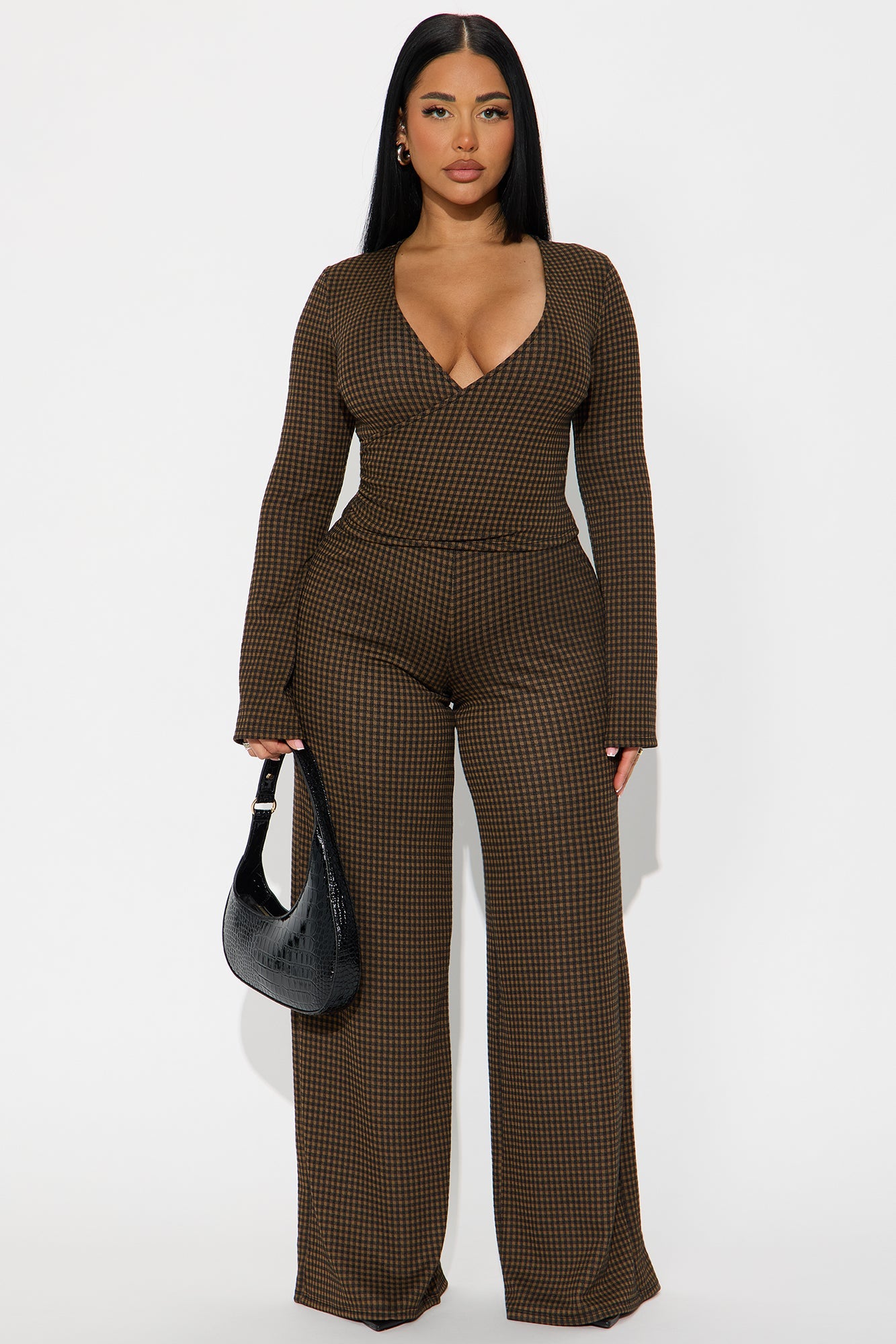Ashton Surplice Plaid Pant Set - Brown Combo