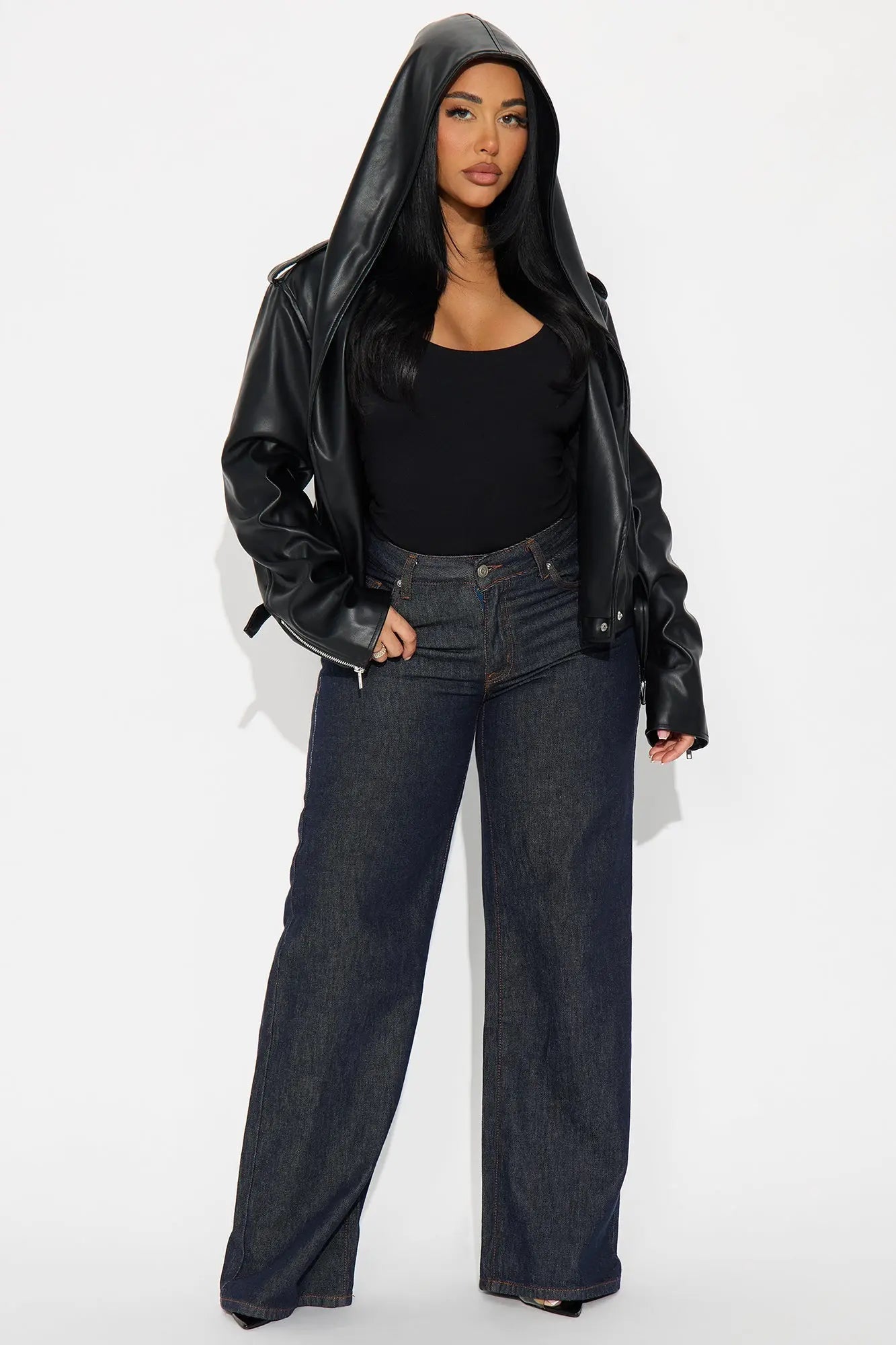 Rebel Hooded Faux Leather Moto Jacket - Black