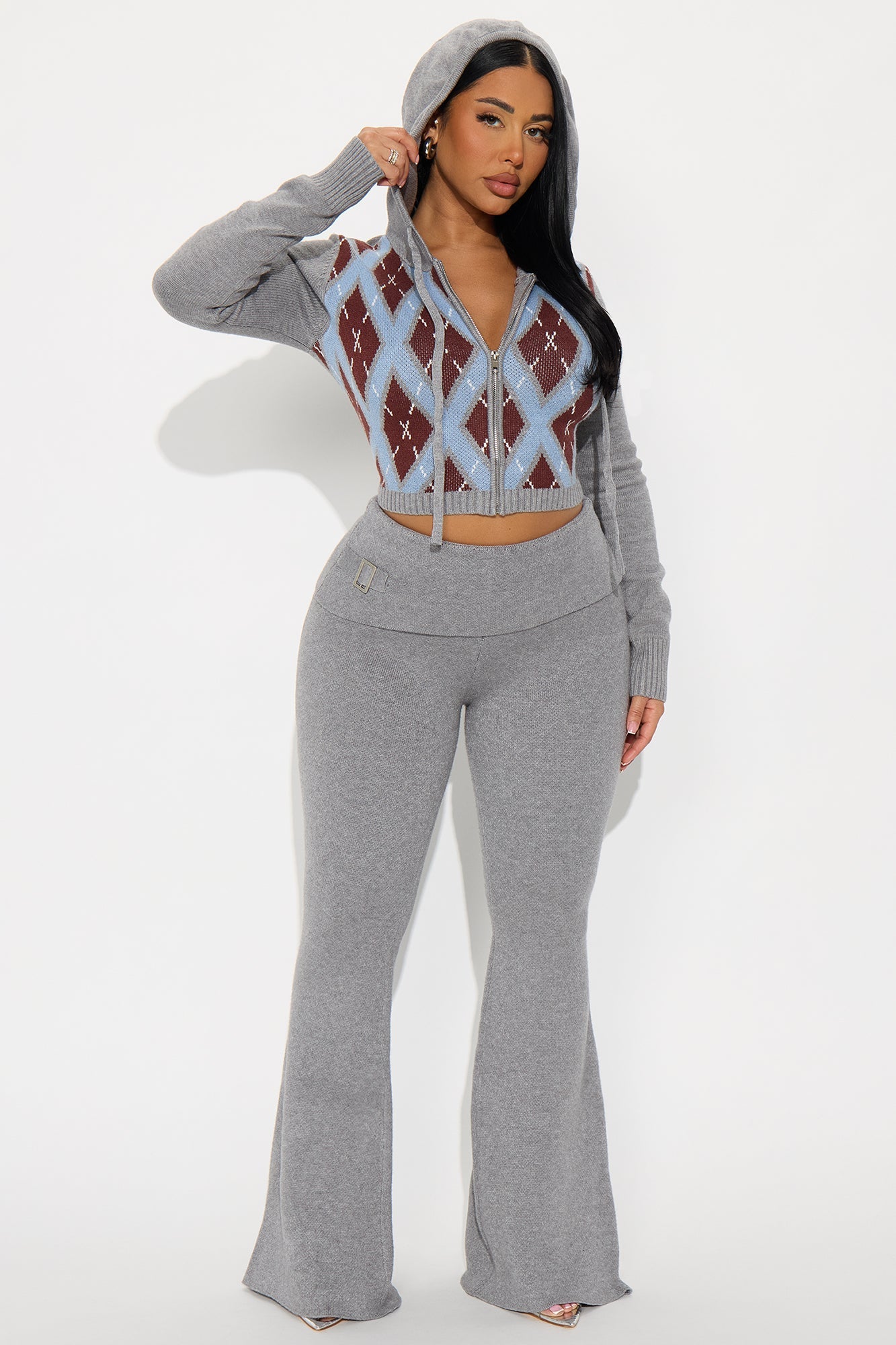 Isabella Fold Over Waist Pant Set - Grey