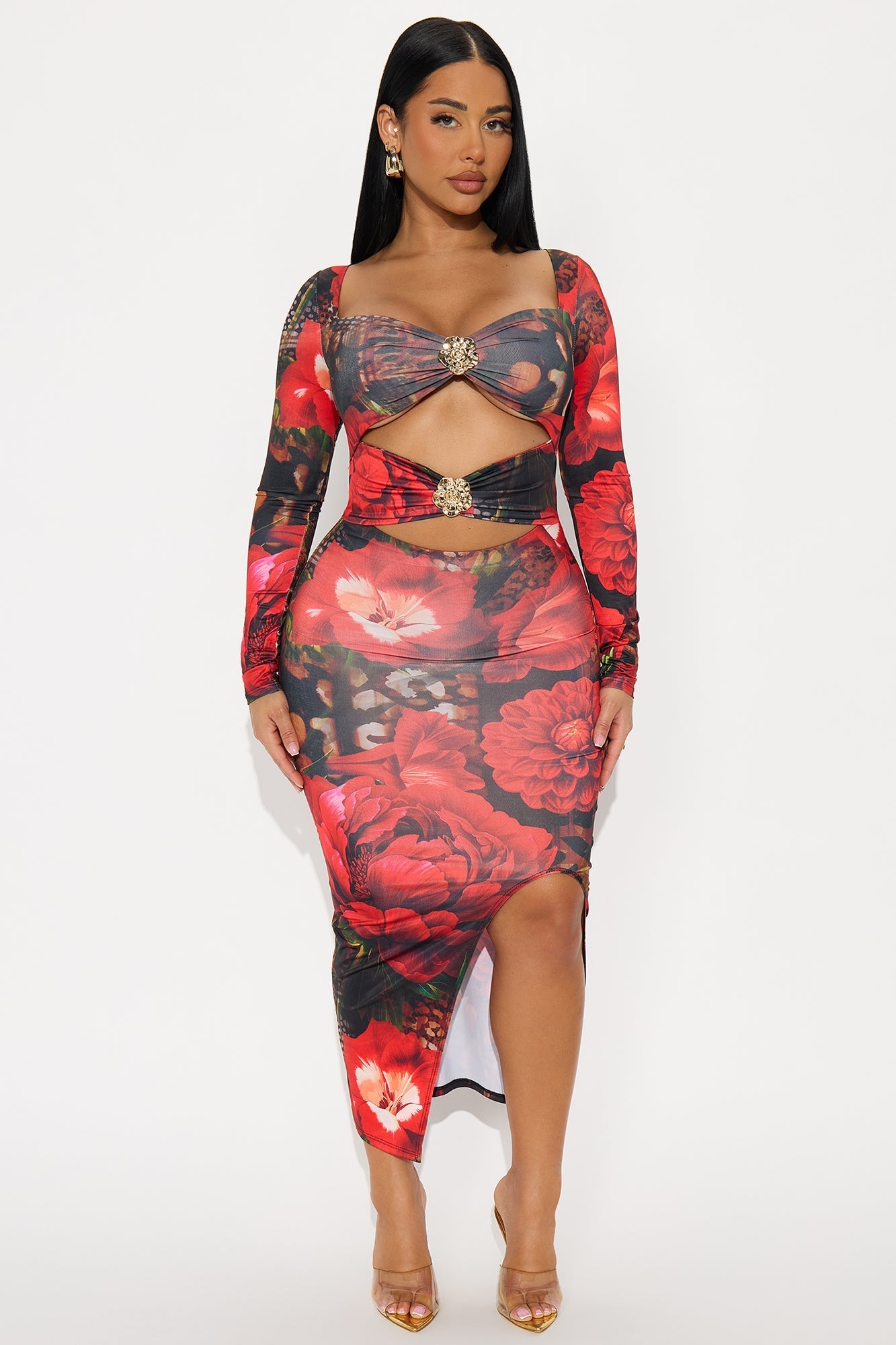 Valentina Cut Out Floral Midi Dress - Red/combo