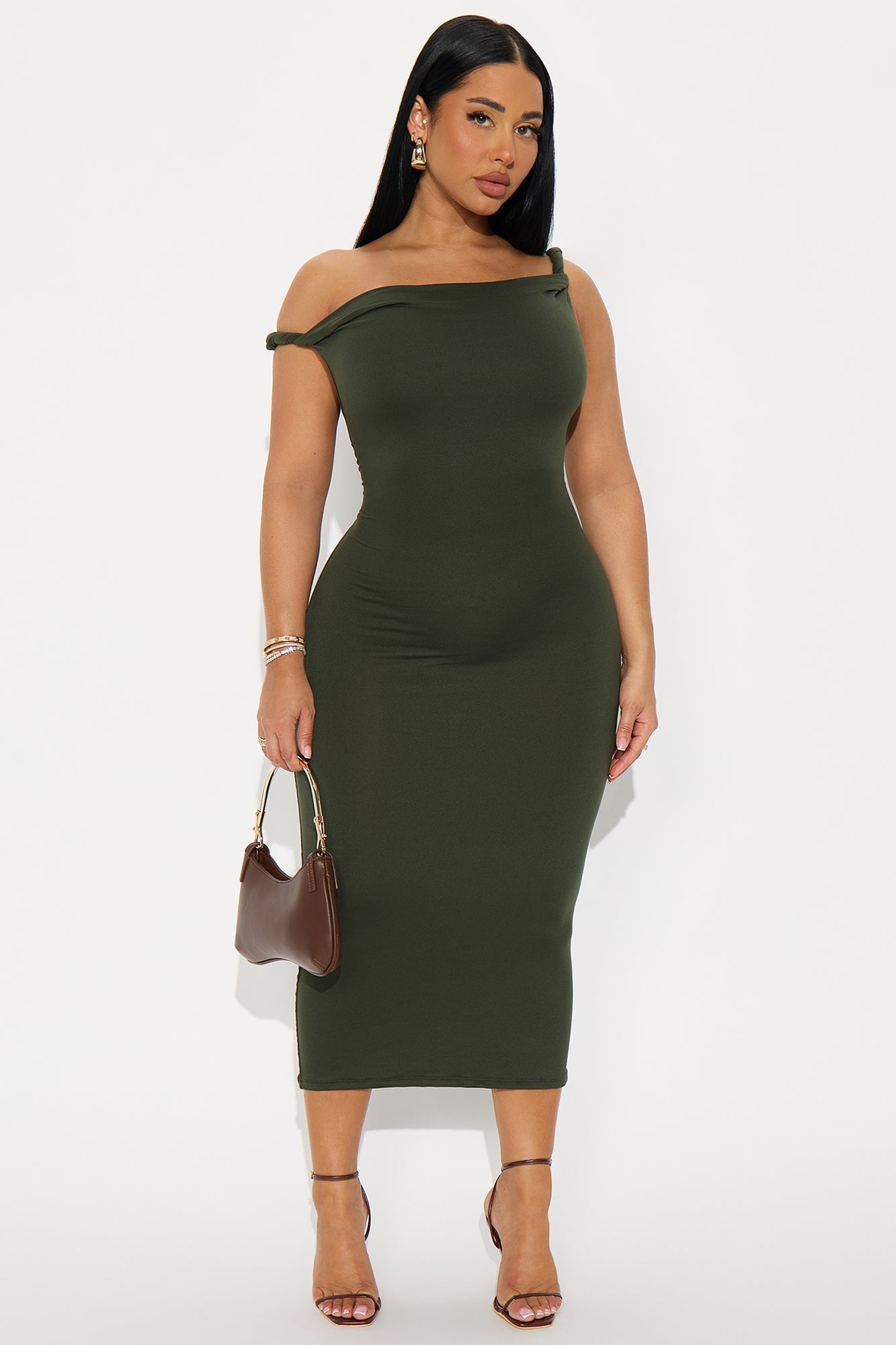 Cassie Off Shoulder Midi Dress - Olive