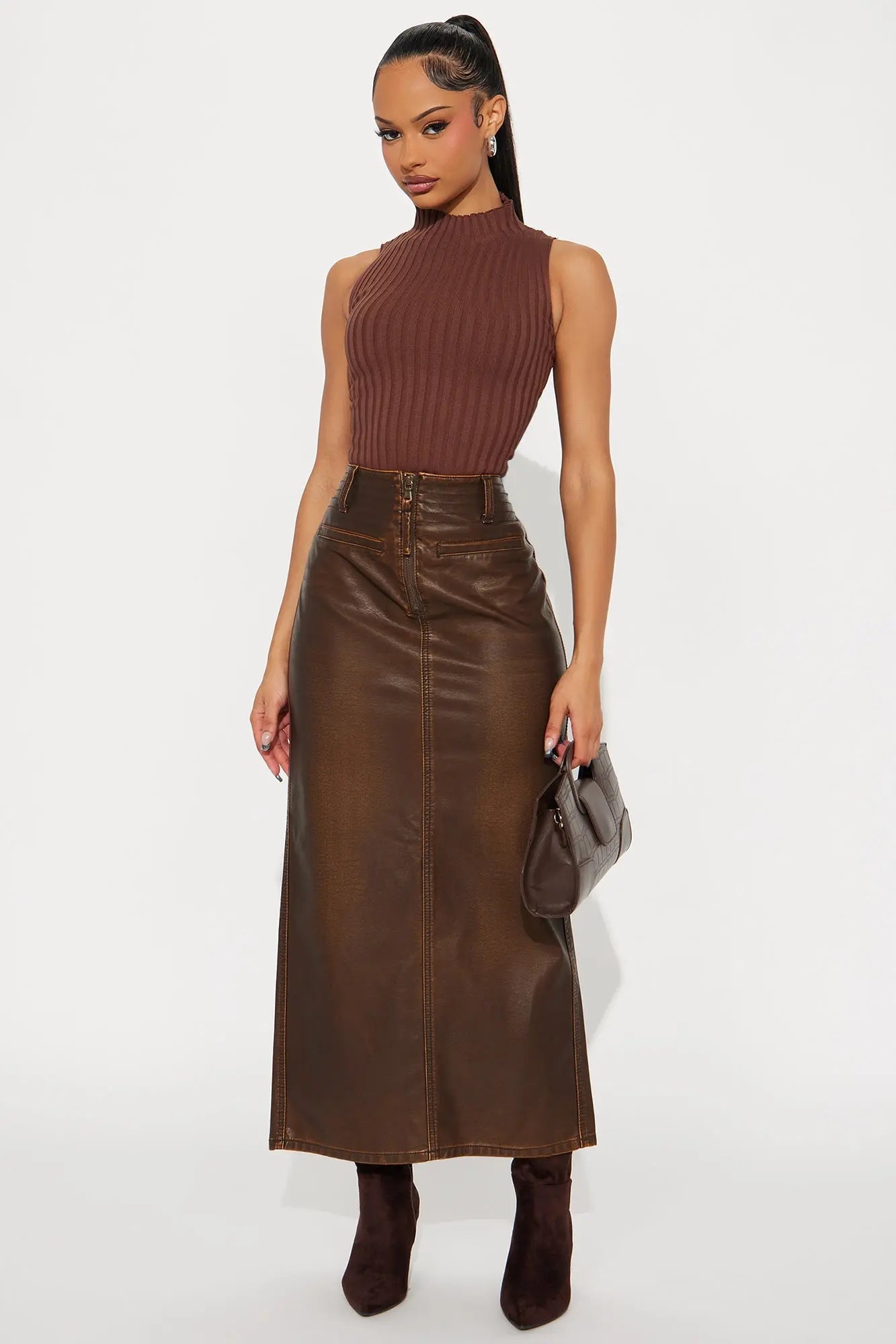 Bad To The Bone Washed Faux Leather Maxi Skirt - Brown