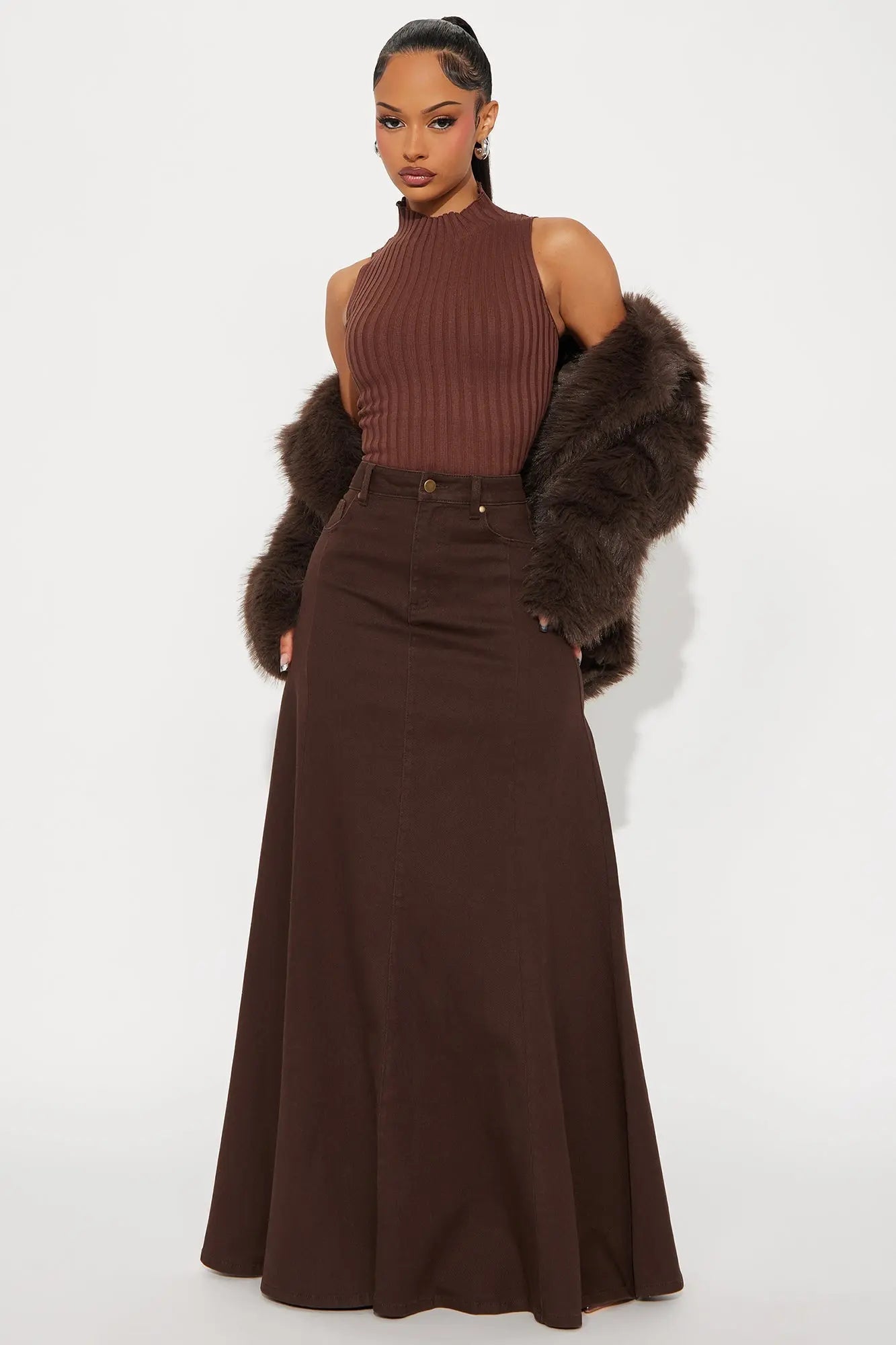 Make You Stay Twill Maxi Skirt - Dark Brown