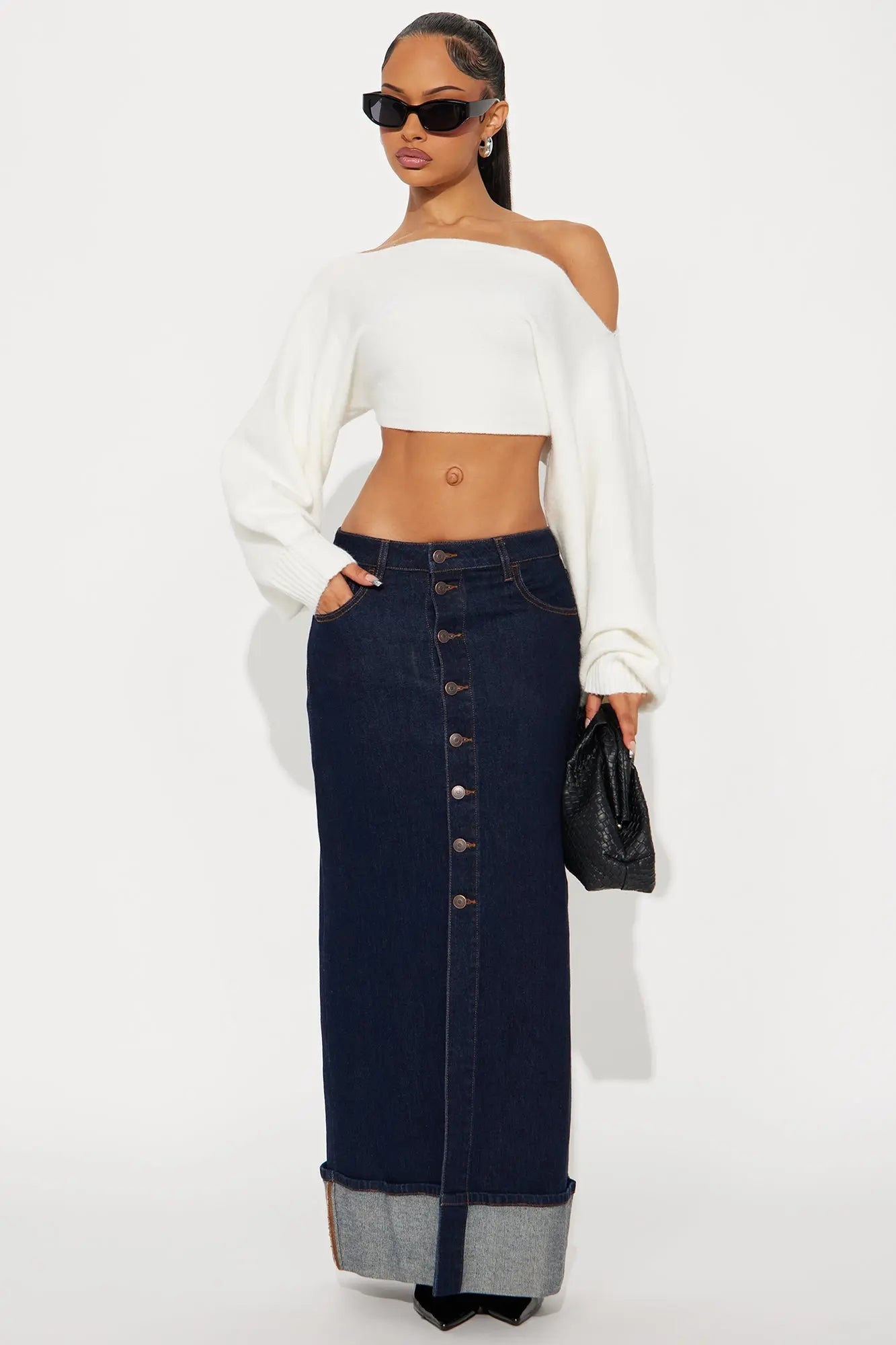 Loulou Mid Rise Denim Cuffed Hem Ankle Maxi Skirt - Rinse Blue Wash