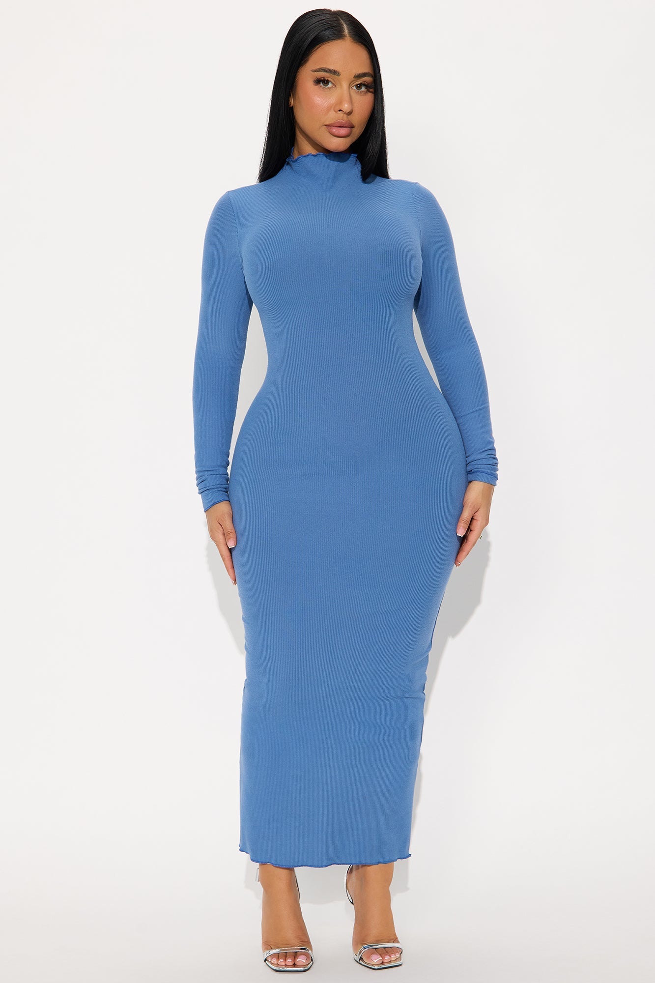 Ryann Long Sleeve Ribbed Midi Dress - Blue