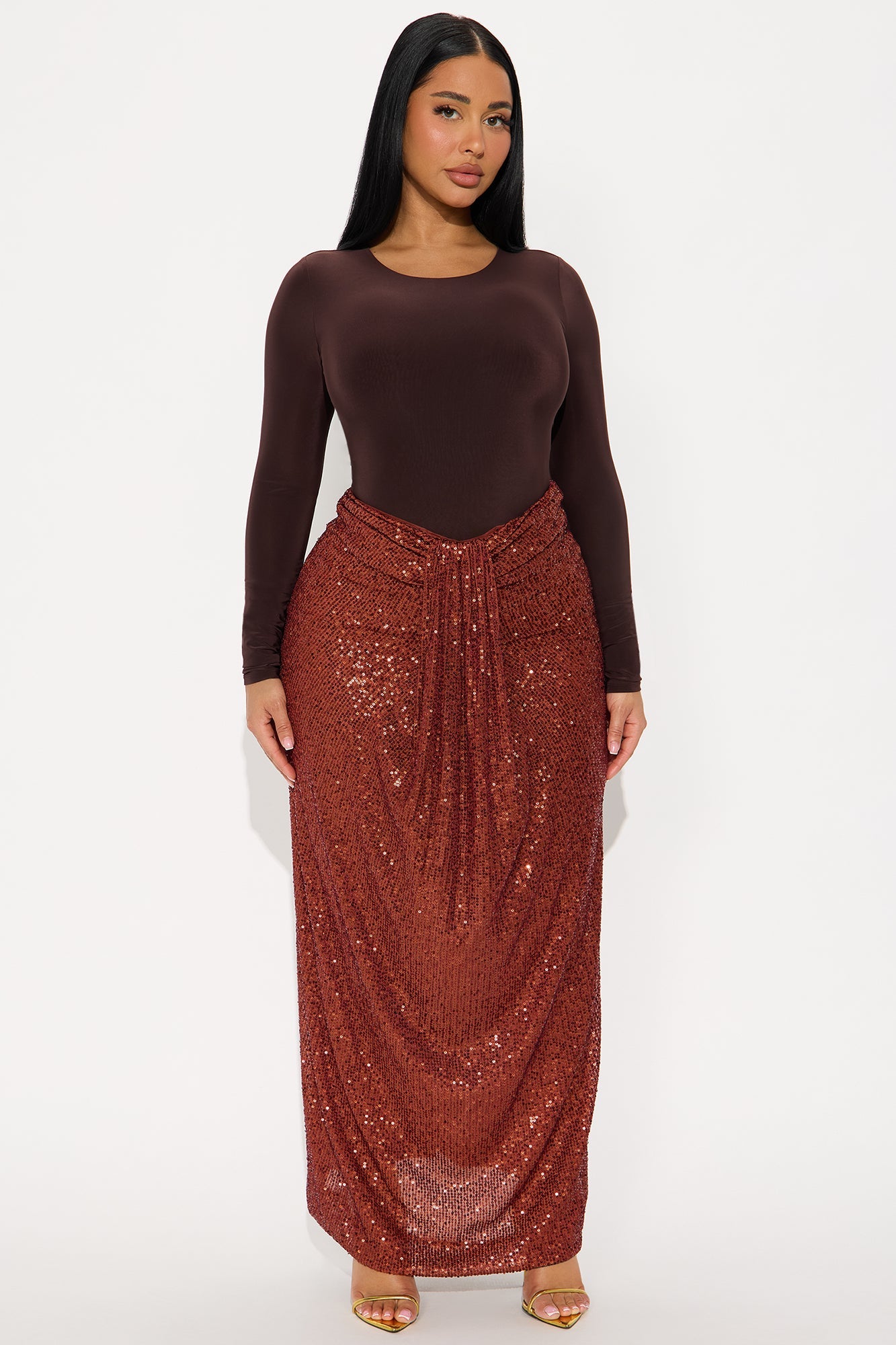 Party Time Sequin Drape Maxi Skirt - Rust