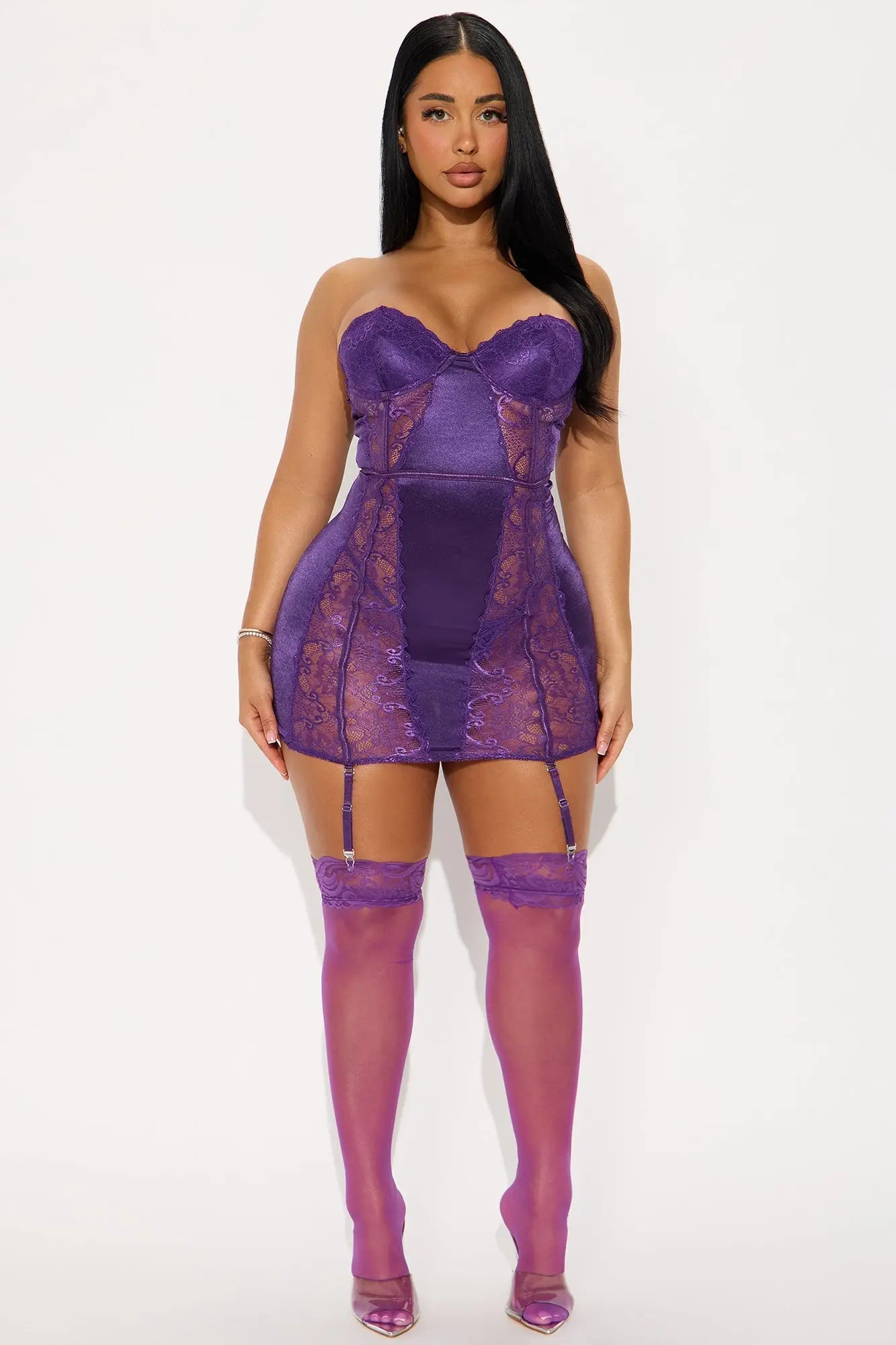 Camellia Mesh Lace Corset Chemise With Garters - Purple