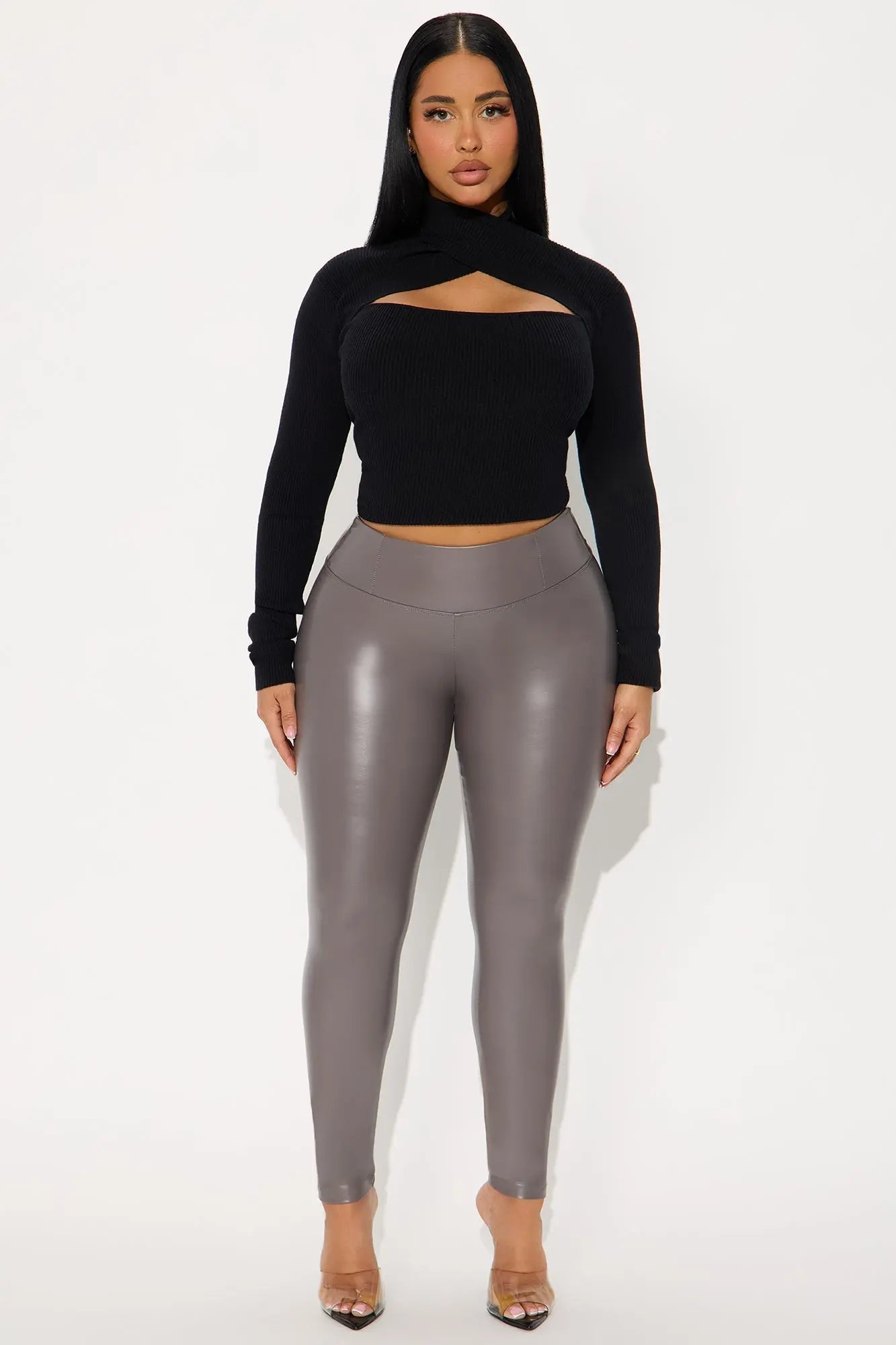 Faux Leather Tummy Tuck Leggings - Charcoal