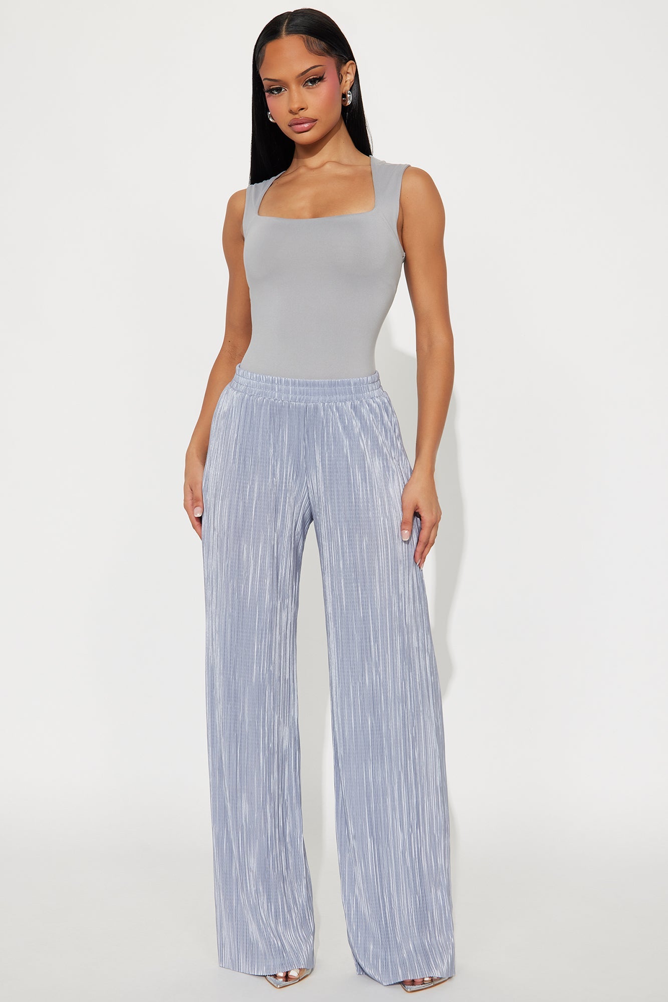 No Small Talk Wide Leg Plisse Pant 32″ - Silver