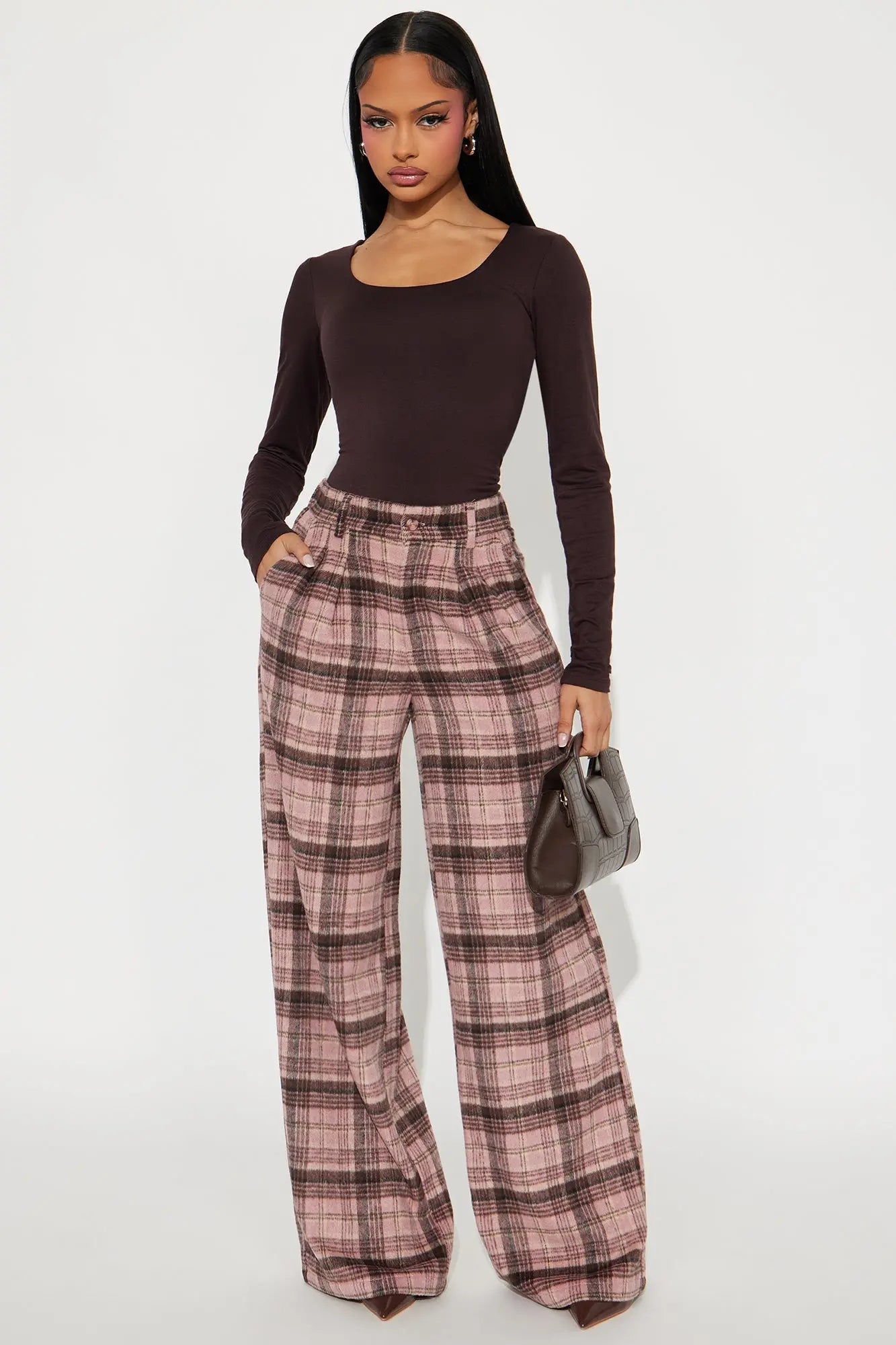Out Your League Plaid Wide Leg Pant 33″ - Pink/combo