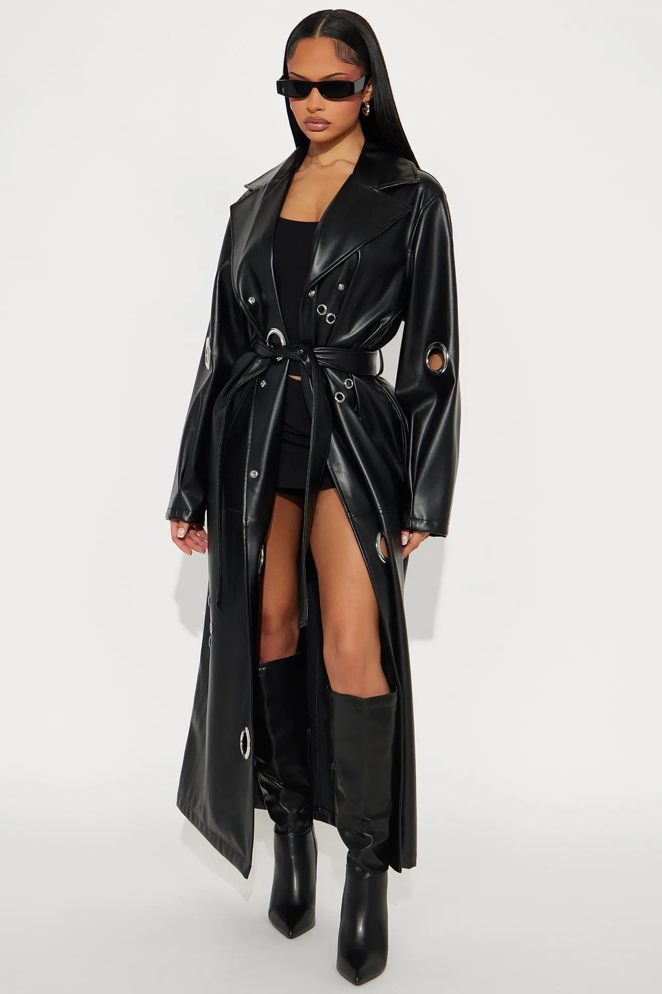 Magnetic Attraction Faux Leather Trench Coat - Black