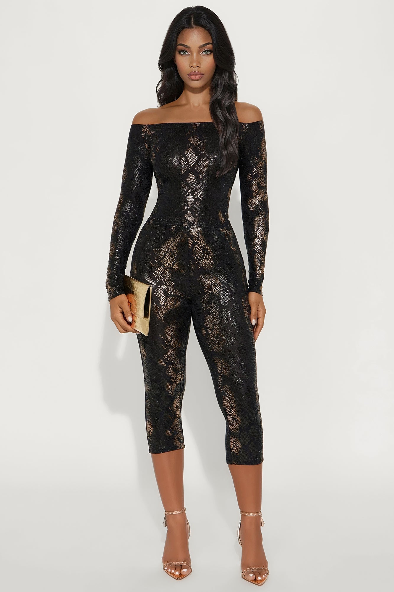 Malia Metallic Snake Cropped Pant Set - Black