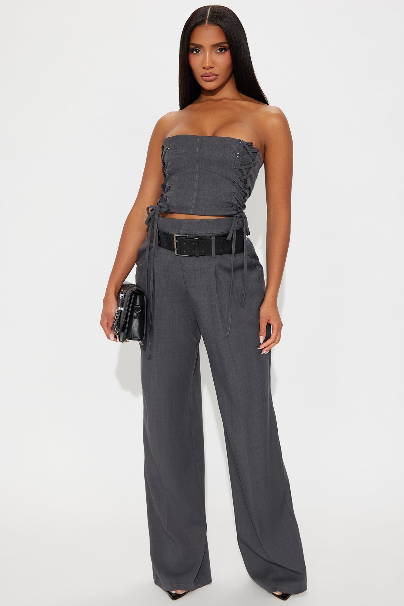 Silvia Belted Pant Set - Charcoal