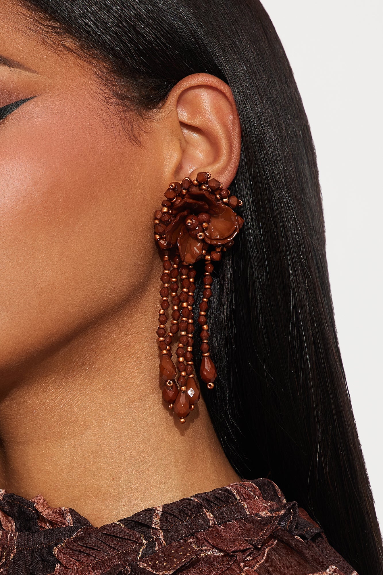 Thoughts Of You Beaded Floral Drop Earrings - Brown