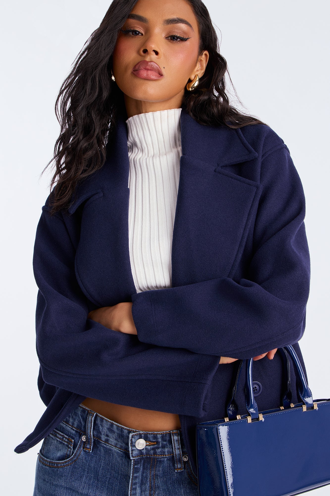 Barbara Cropped Double Breasted Coat - Navy