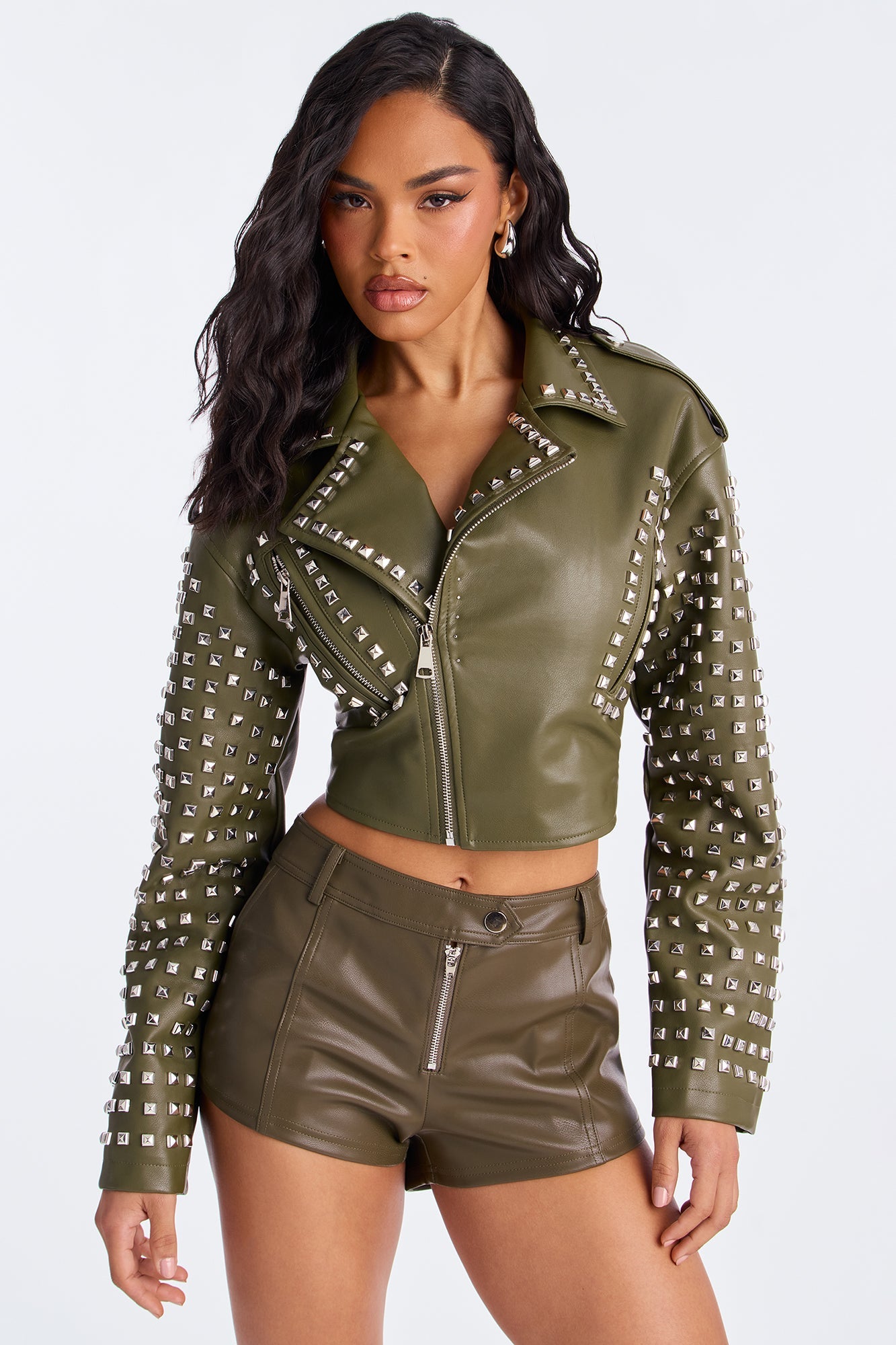 On Tour Studded Faux Leather Moto Jacket - Olive