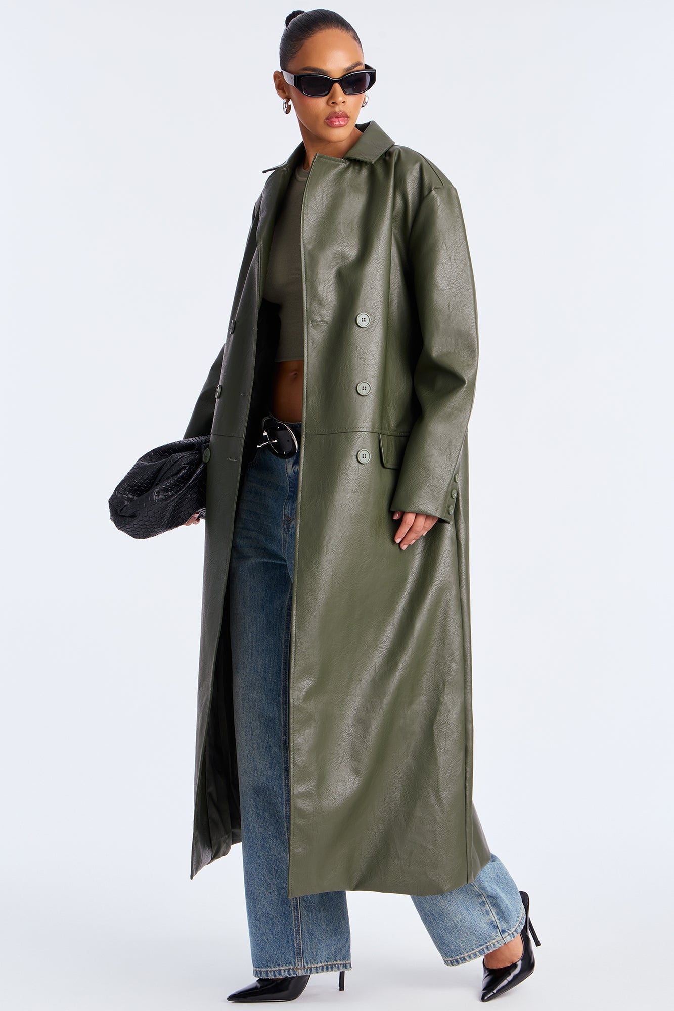 Drew Faux Leather Double Breasted Coat - Military Green