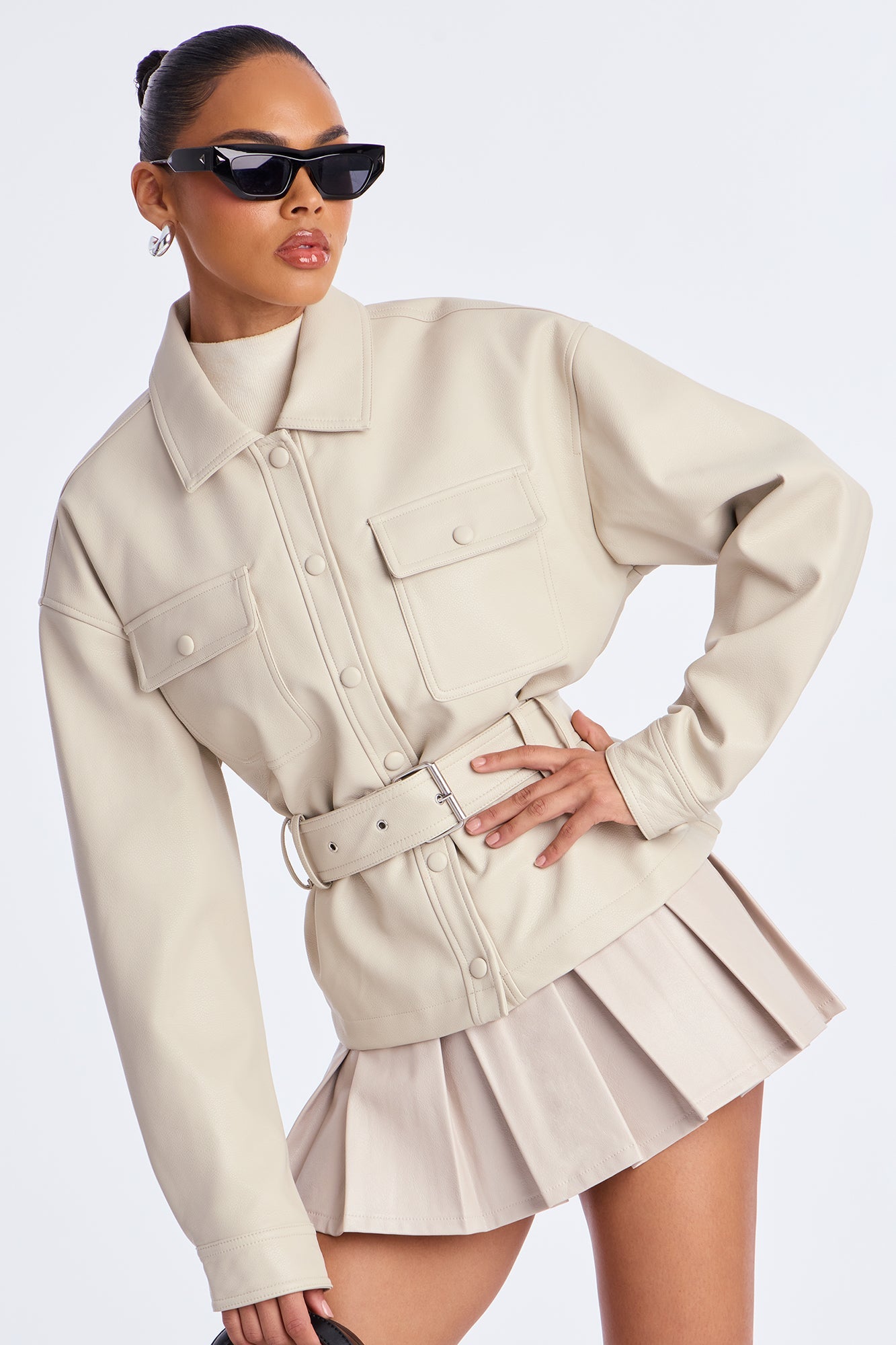 Melanie Belted Faux Leather Jacket - Stone