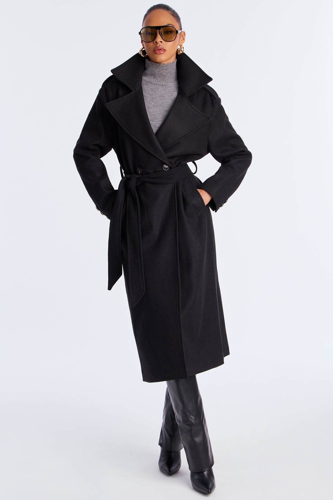 Clocked Out Double Breasted Long Coat - Black