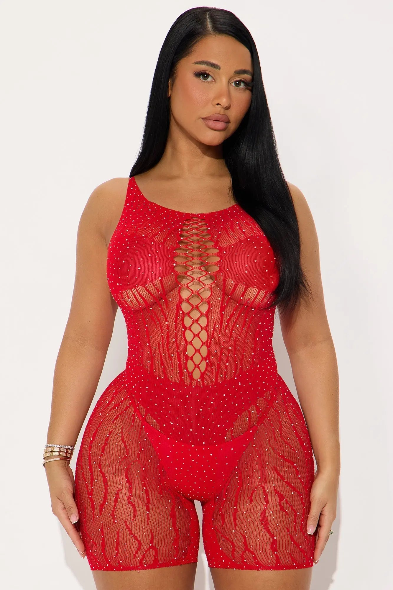 Night Out Romper Fishnet Bodystocking - Red