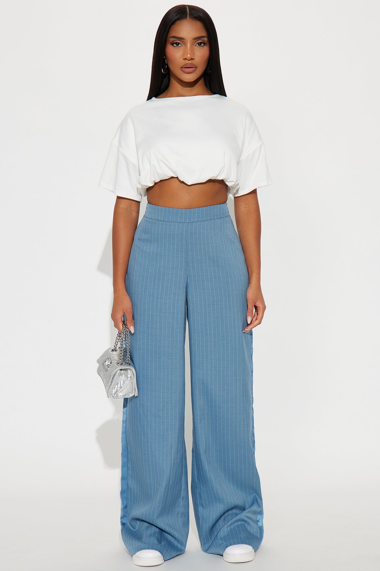 Don't Need To Pretend Pinstripe Wide Leg Trouser Pant 33 - Slate Blue