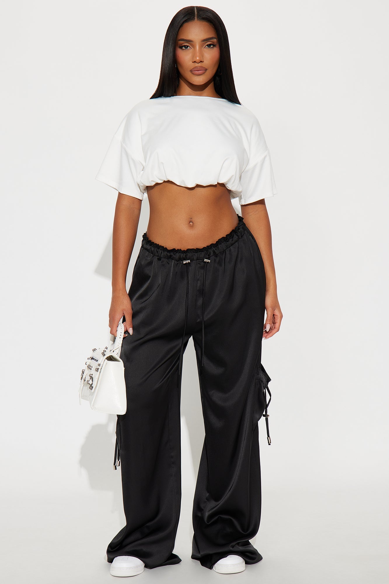 Brielle Satin Wide Leg Cargo Pant 33″ - Black