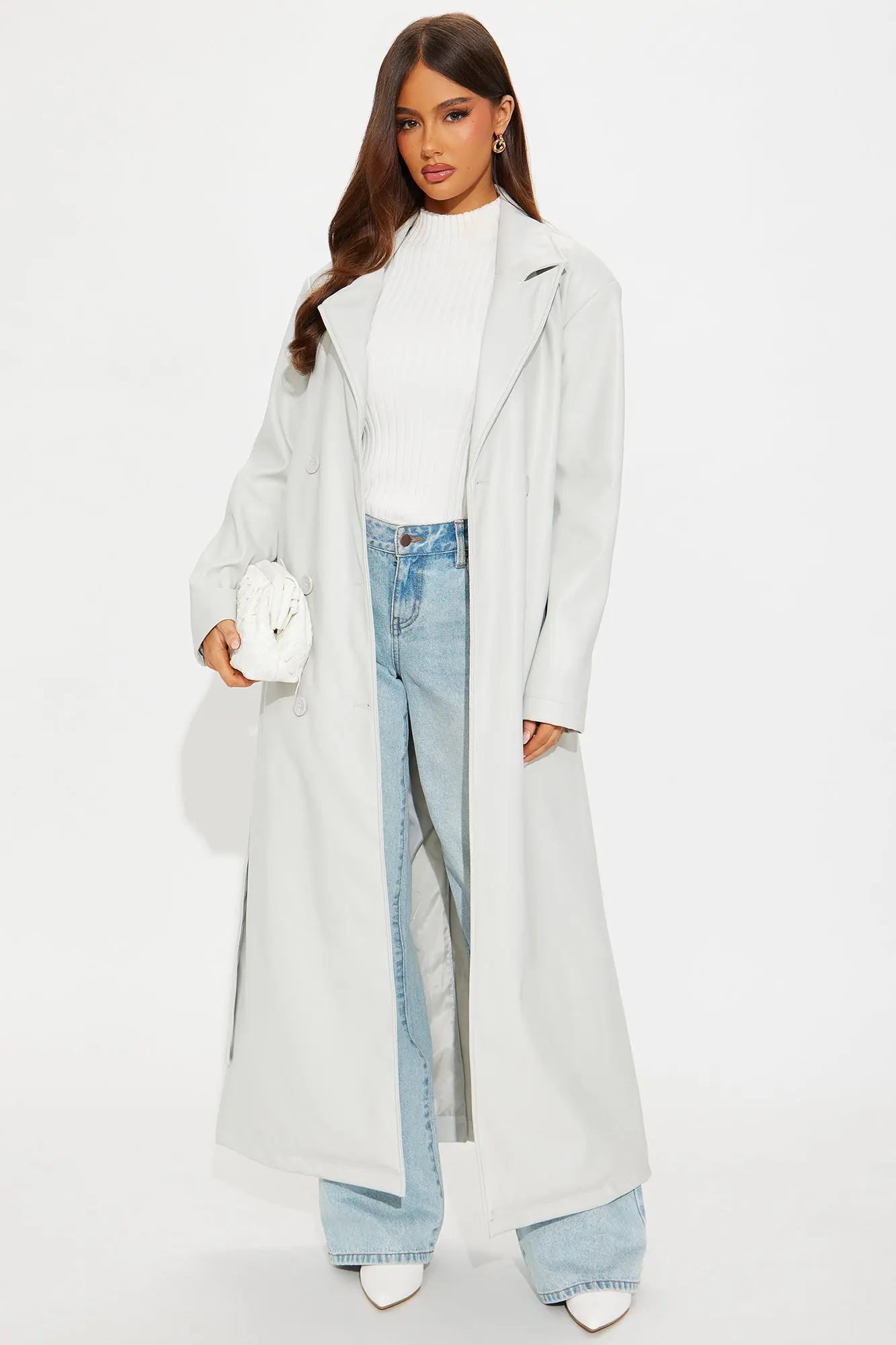 Sidewalk Strut Faux Leather Trench Coat - Light Grey