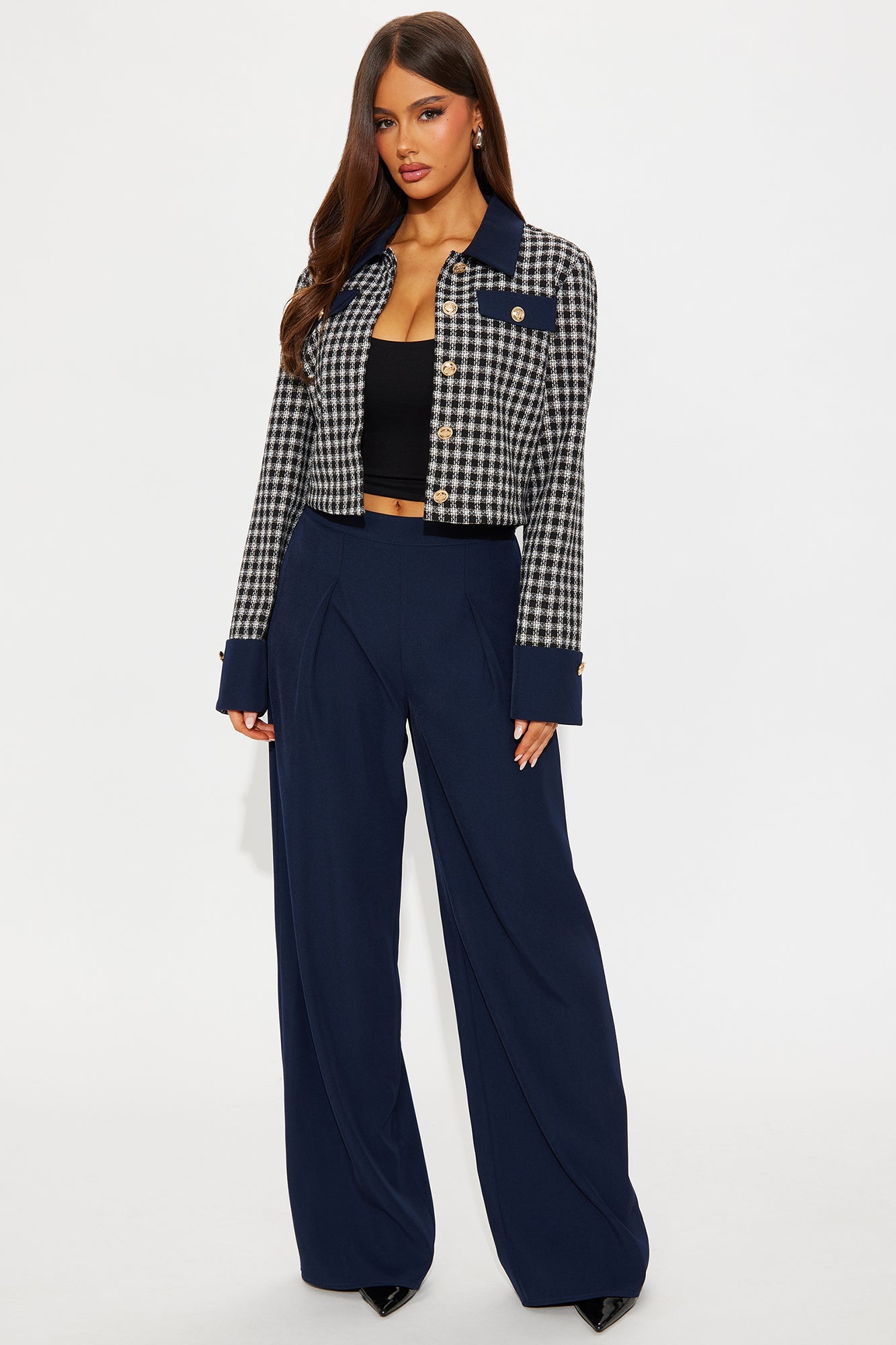 On A Mission Houndstooth Pant Set - Navy