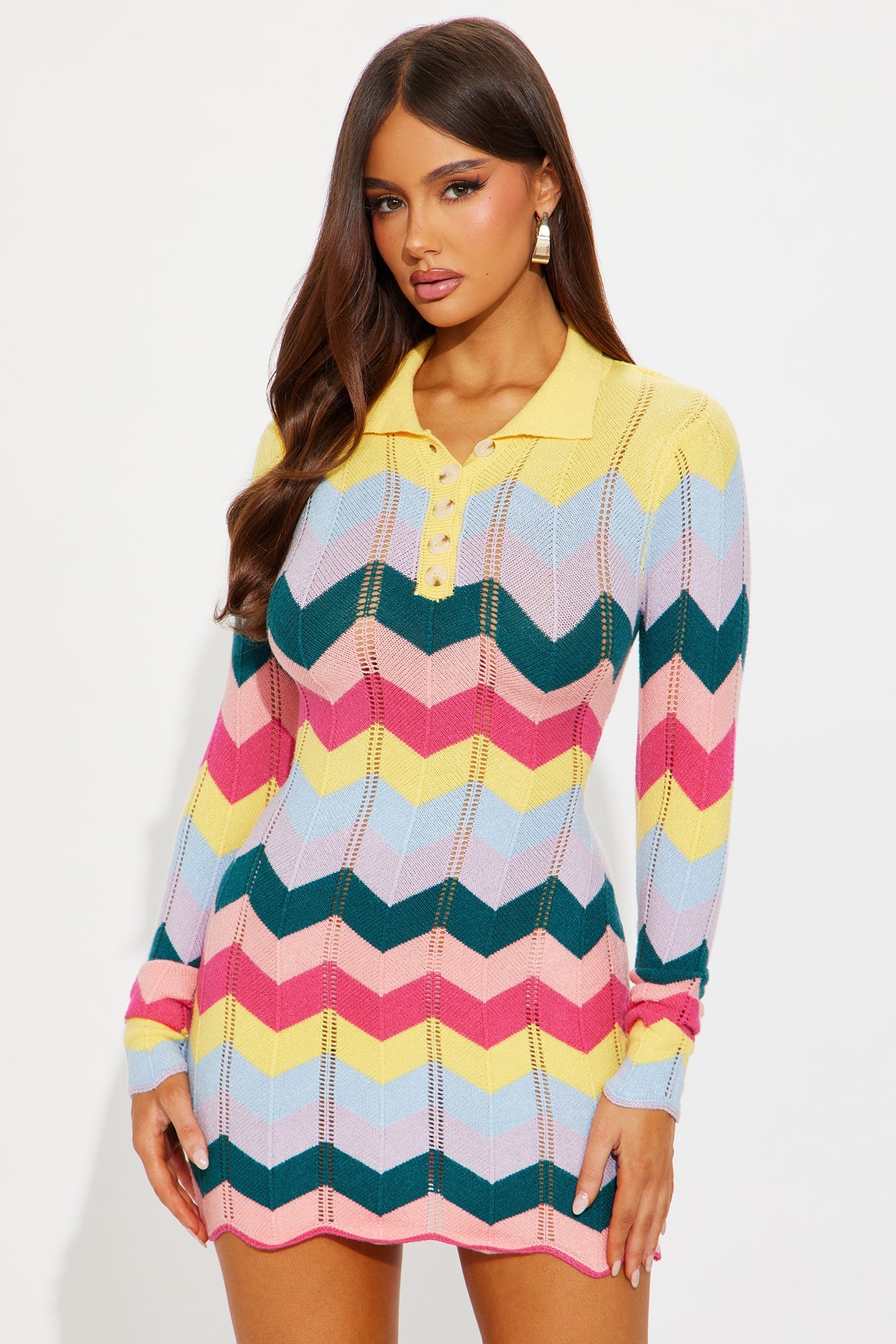 Always Happy Long Sleeve Knit Mini Dress - Multi Color