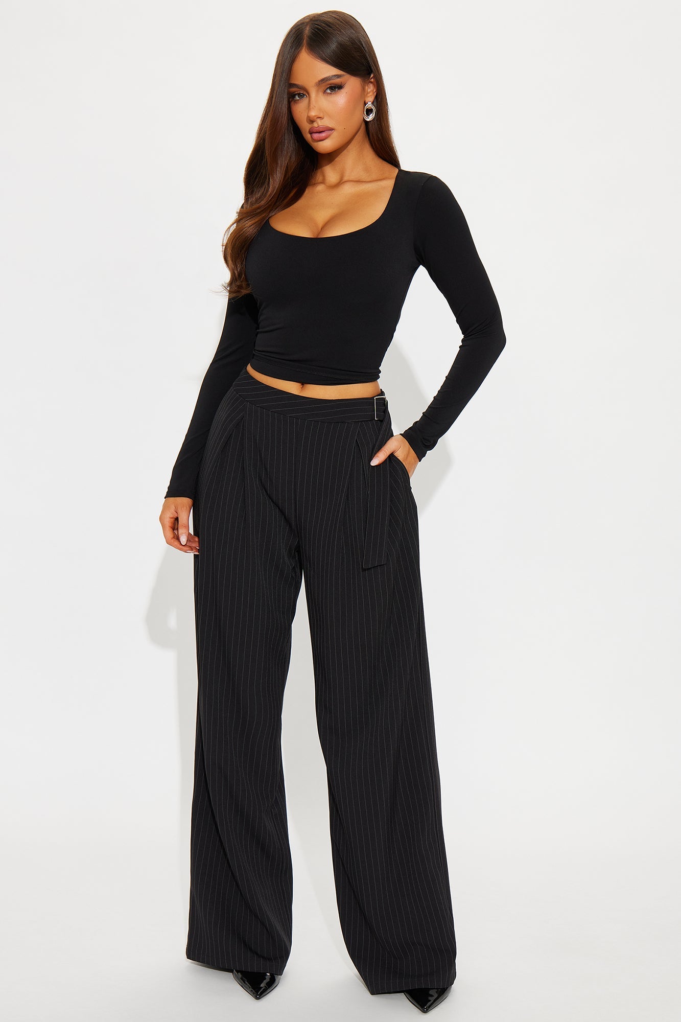 Alrina Crepe Woven Pinstripe Trouser Pant 33 - Black/White