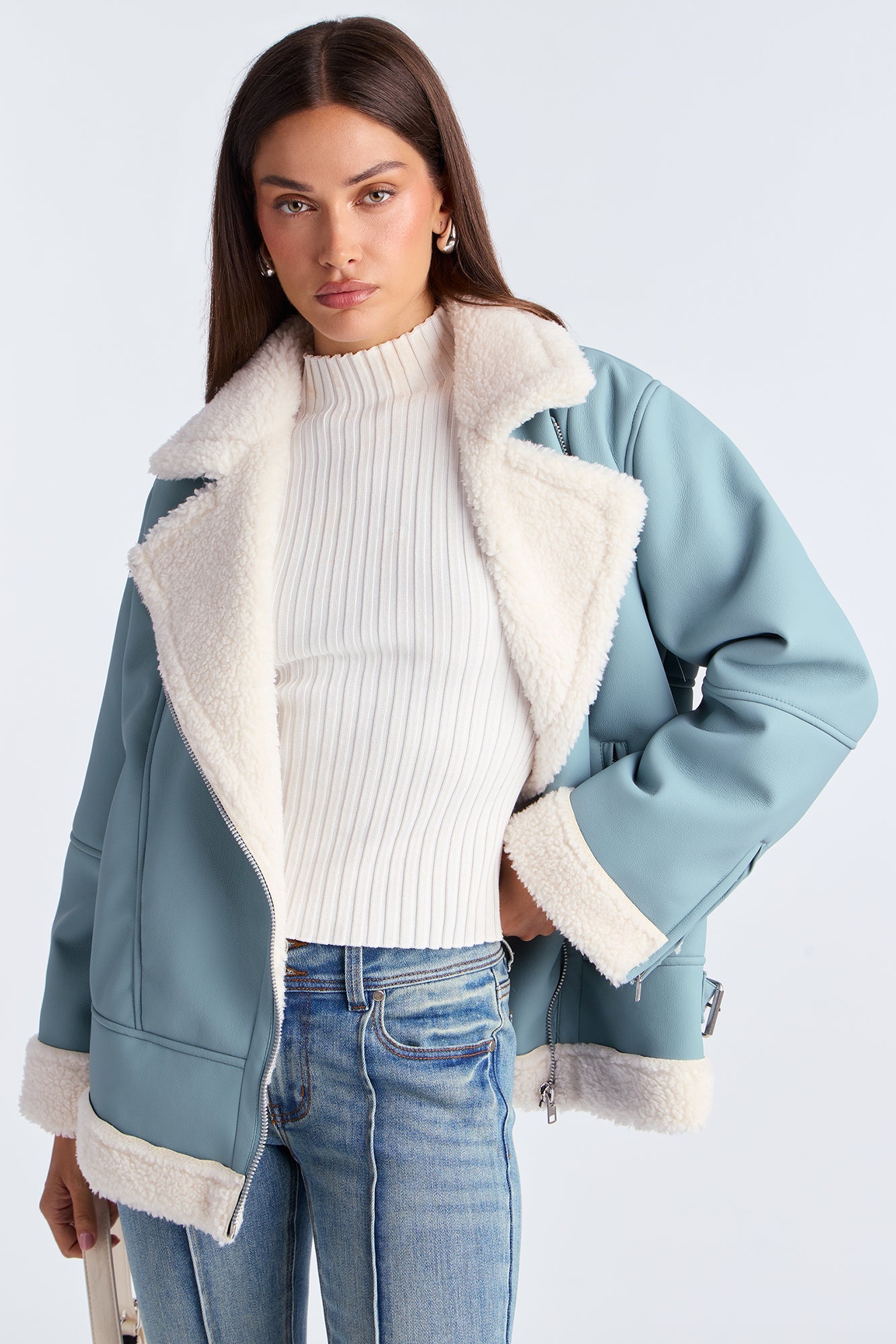 Simone Faux Leather Fur Lined Moto Jacket - Dusty Blue